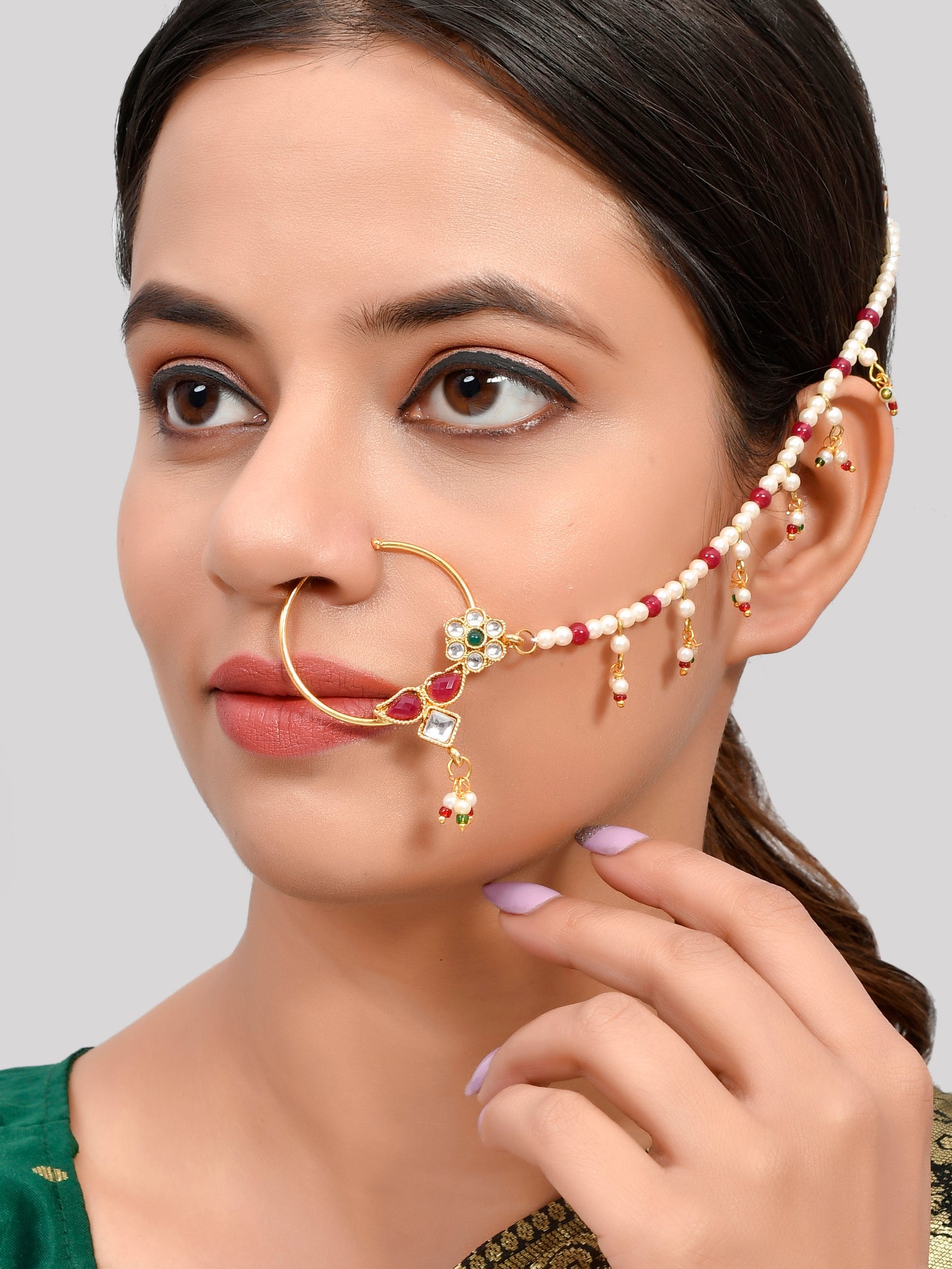 Gold Plated Pearl Beaded Chained Kundan Nose Ring