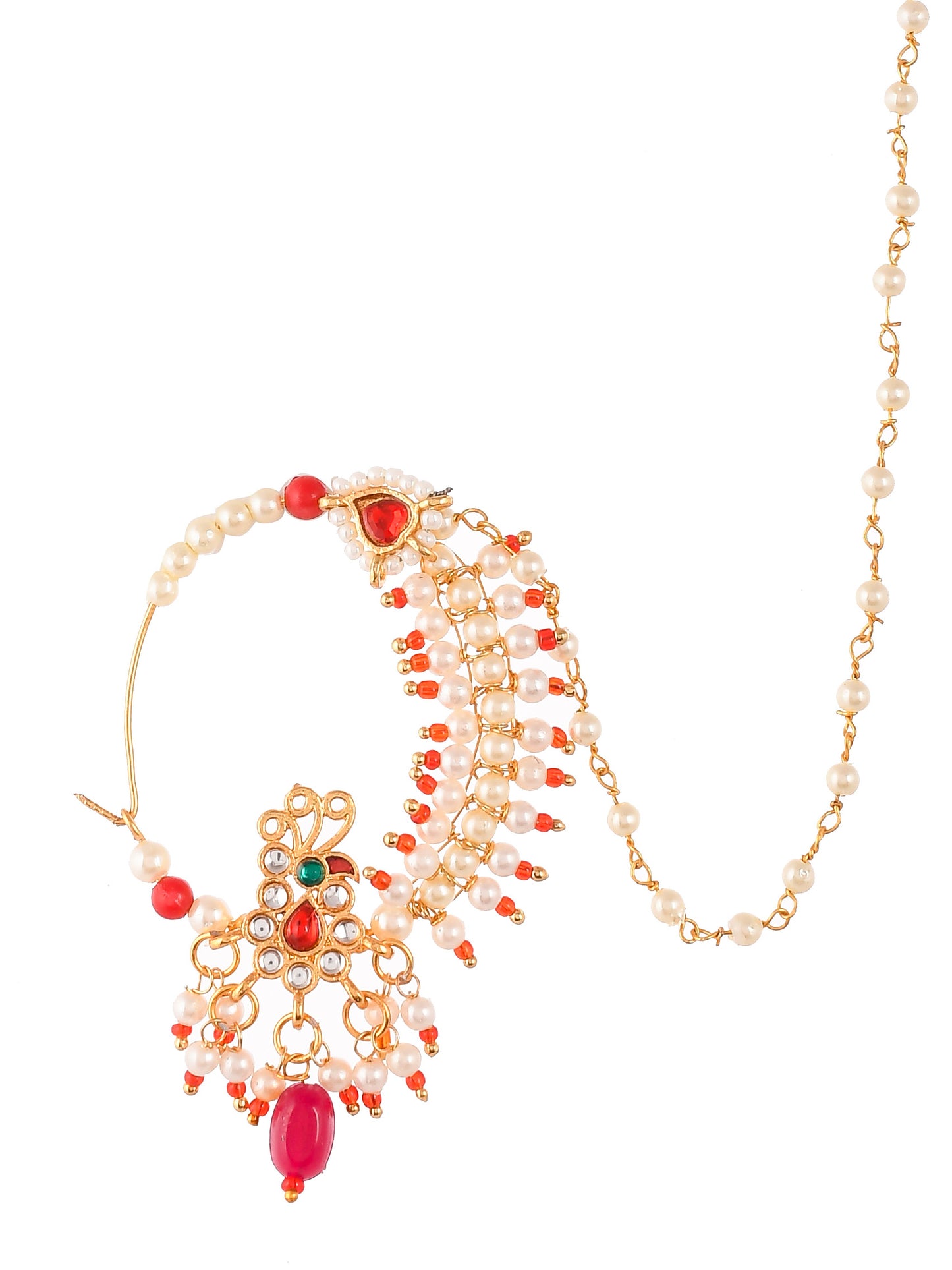 Gold Plated Red & White Pearls Chained Meenakari Nose Ring