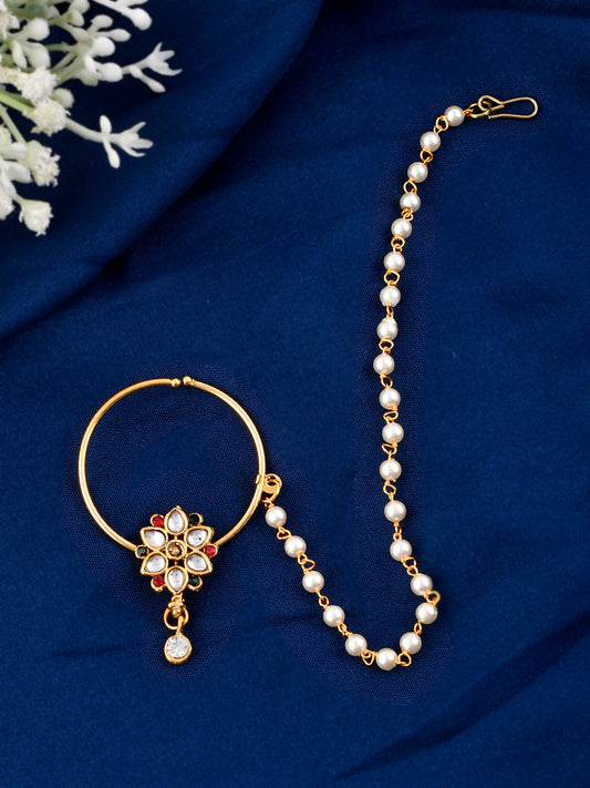 Gold Plated Red & White Kundan Studded & Beaded Nose Ring