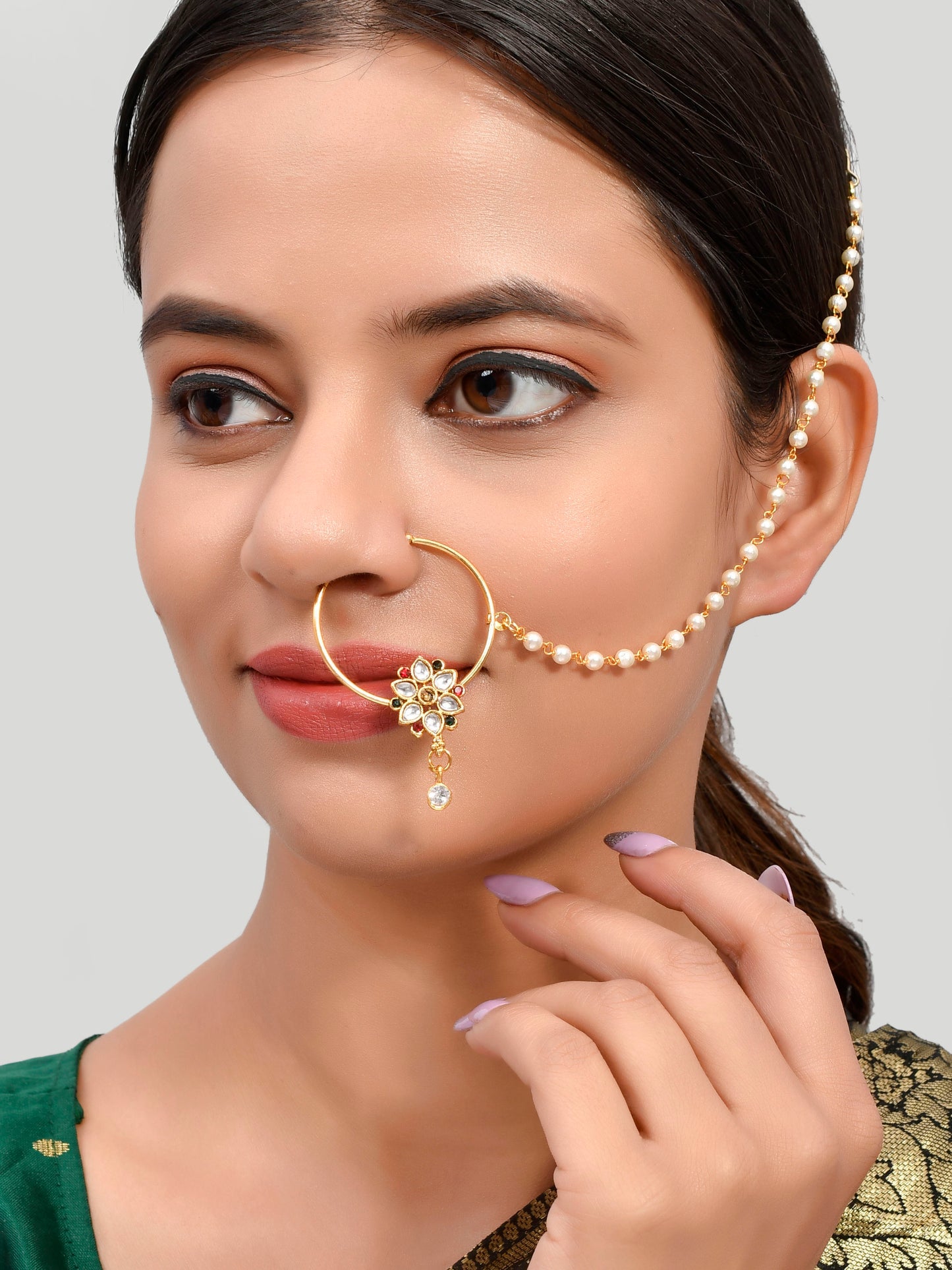 Gold Plated Red & White Kundan Studded & Beaded Nose Ring