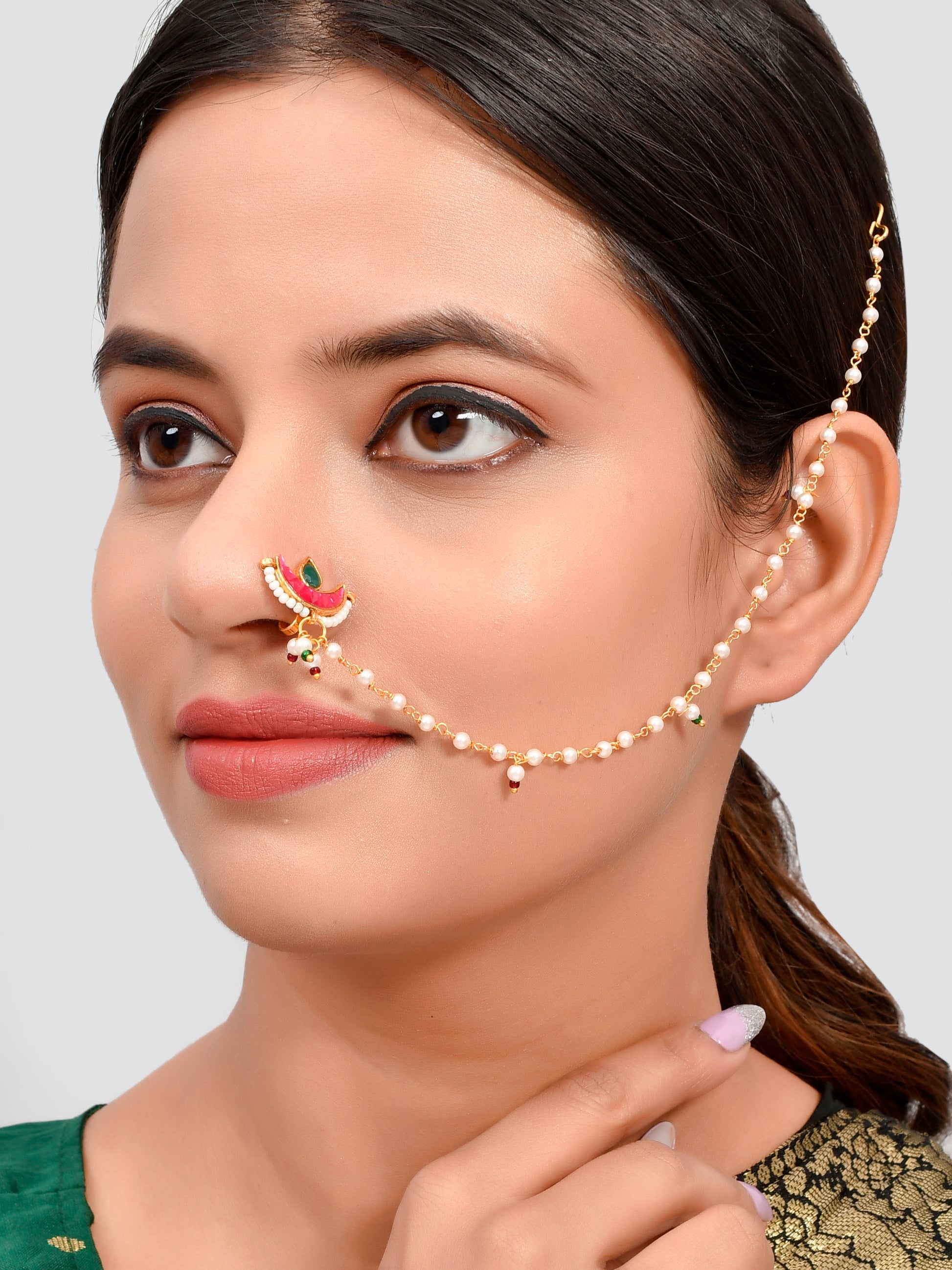 Gold Plated Red & White Pearl Studded Clip-On Nose Pin
