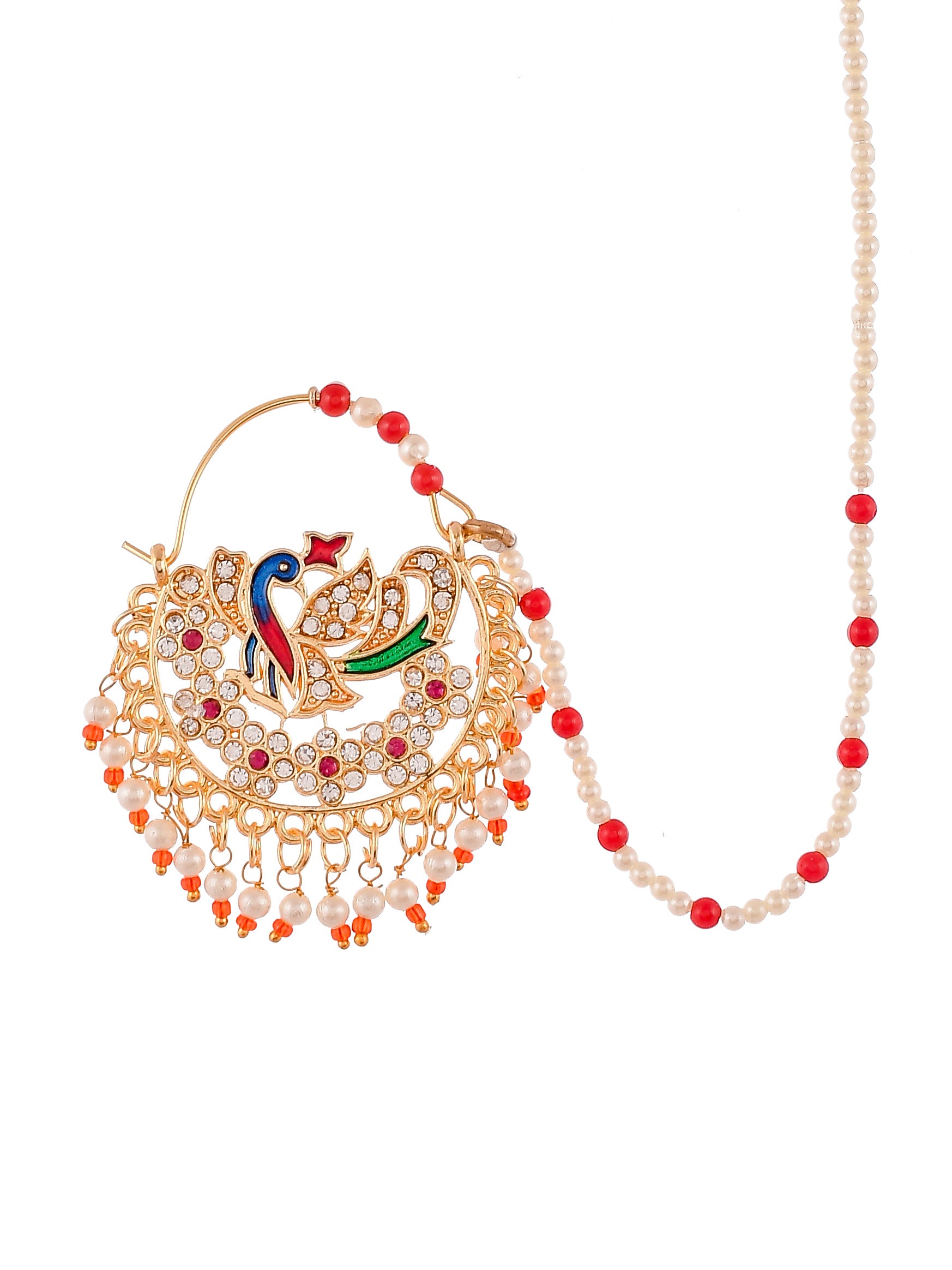 Gold Plated White & Red Pearl Beaded Meenakari Chained Nose Ring