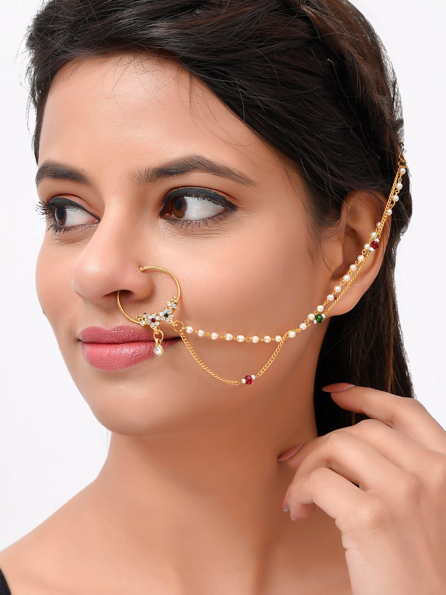Gold Plated White Stone Studded & Pearl Beaded Chained Nose Ring