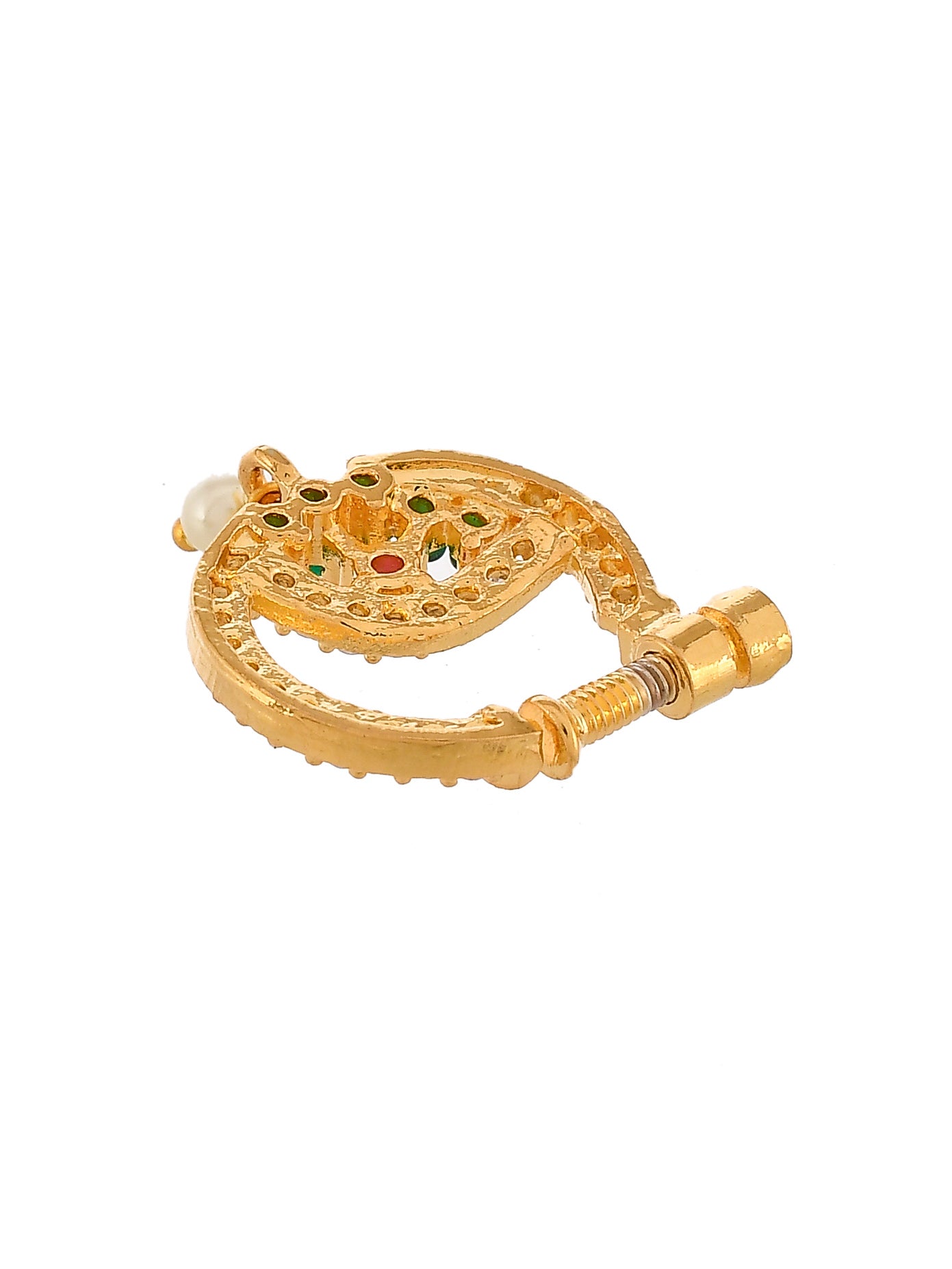 Gold Plated Green & Pink Stone Studded Floral Meenakari Nose Ring