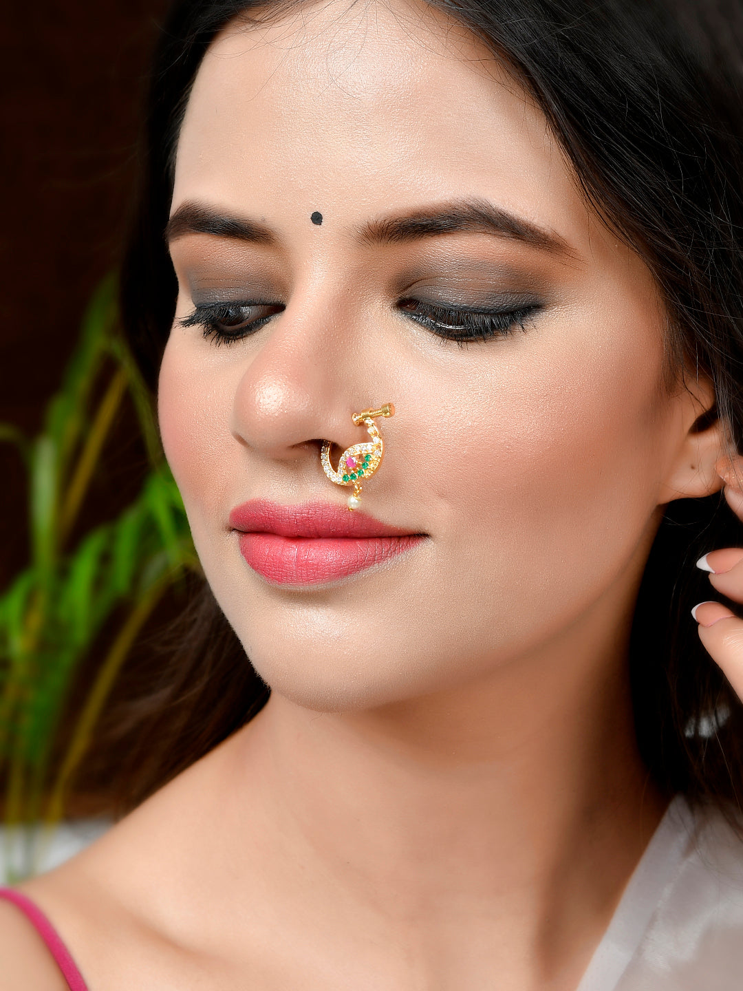 Gold Plated Green & Pink Stone Studded Floral Meenakari Nose Ring