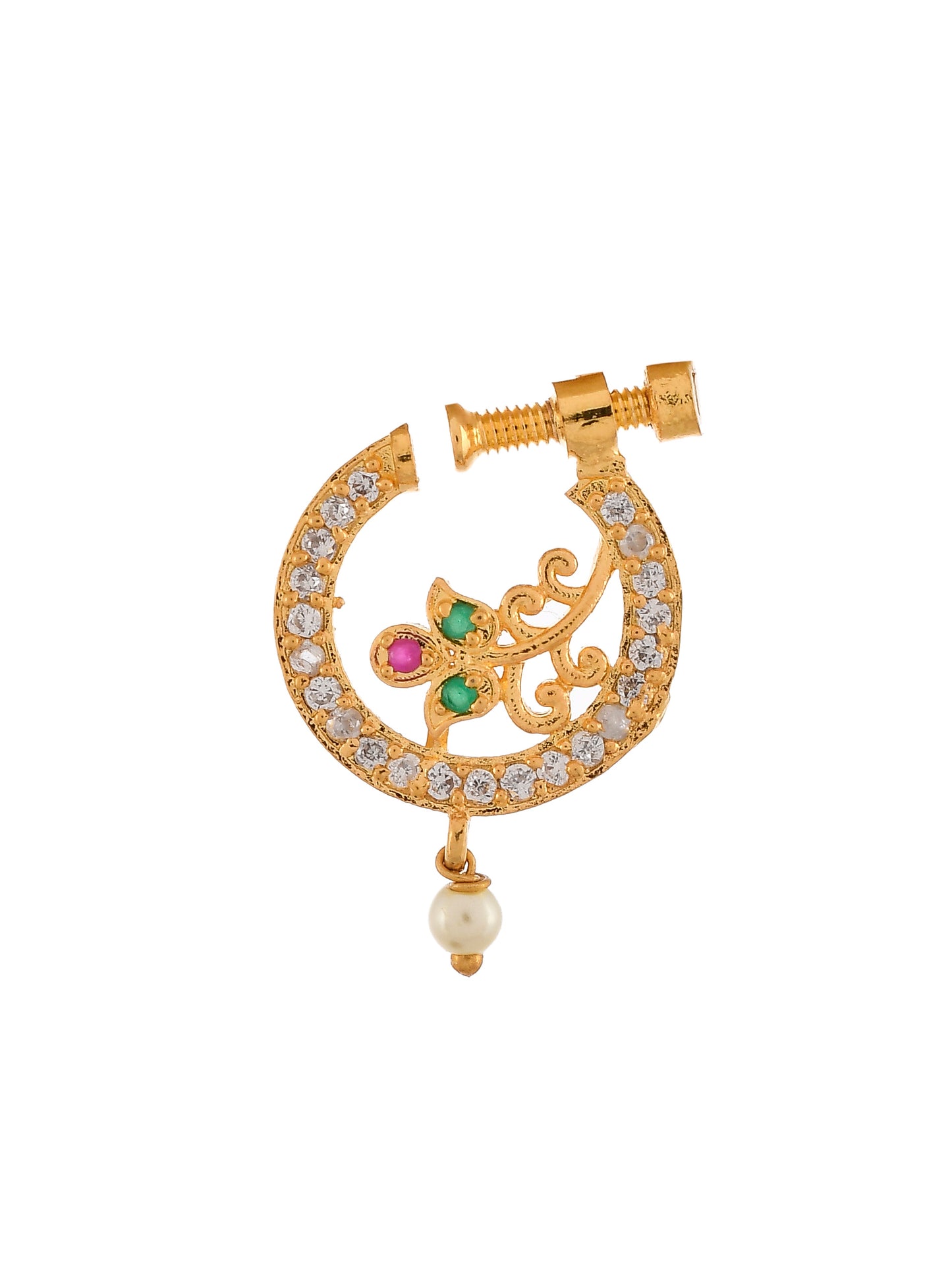 Gold Plated Green & White Stone Studded Floral Meenakari Nose Ring