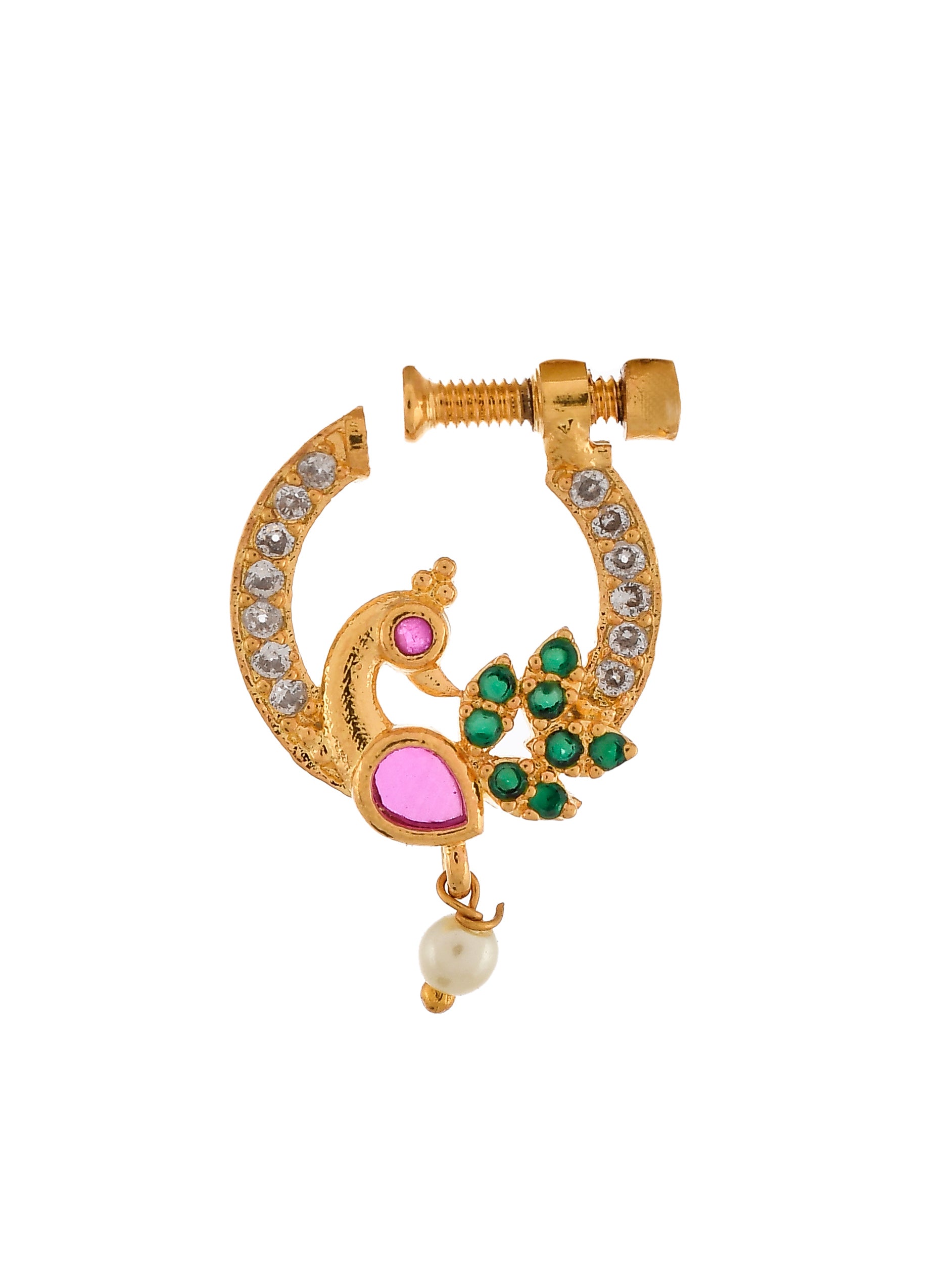 Gold plated green & white stone studded peacock meenakari nose ring -  Silvermerc Designs - 4236138