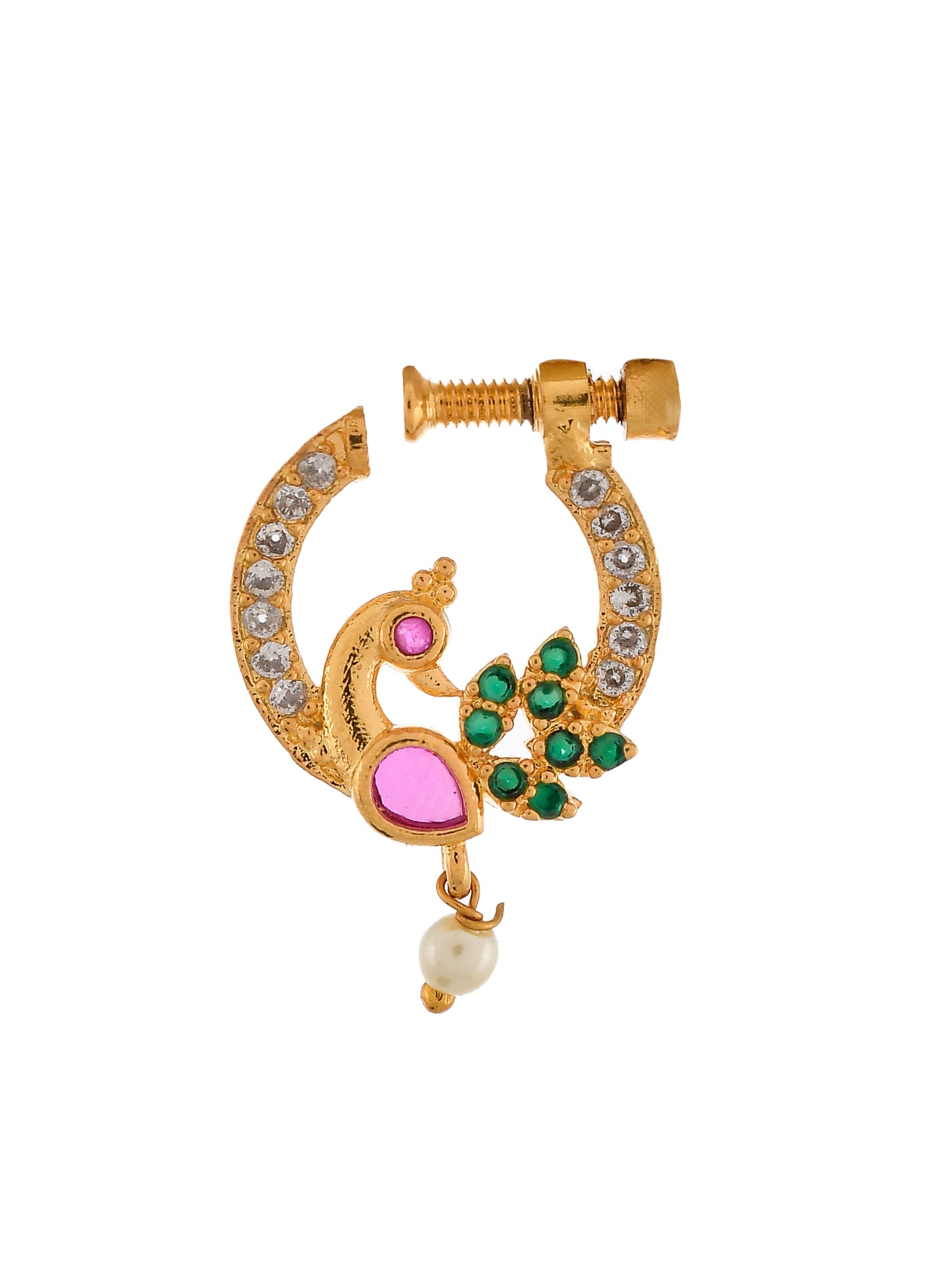 Gold Plated Green & White Stone Studded Peacock Meenakari Nose Ring