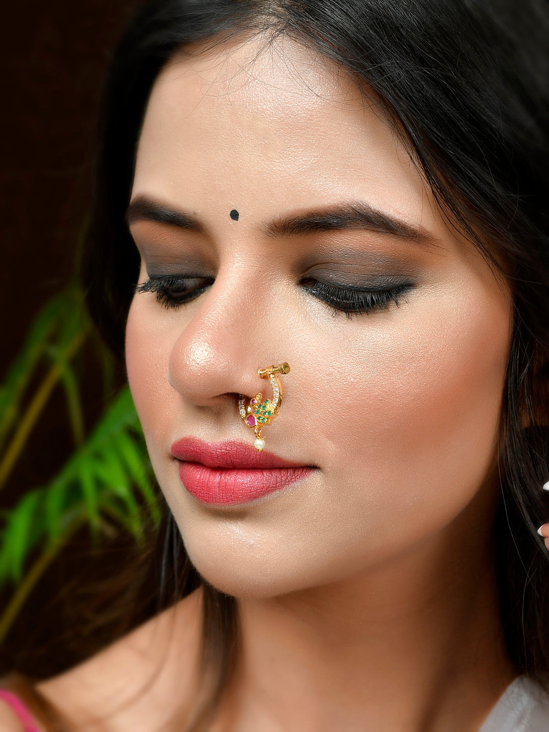 Gold Plated Green & White Stone Studded Peacock Meenakari Nose Ring