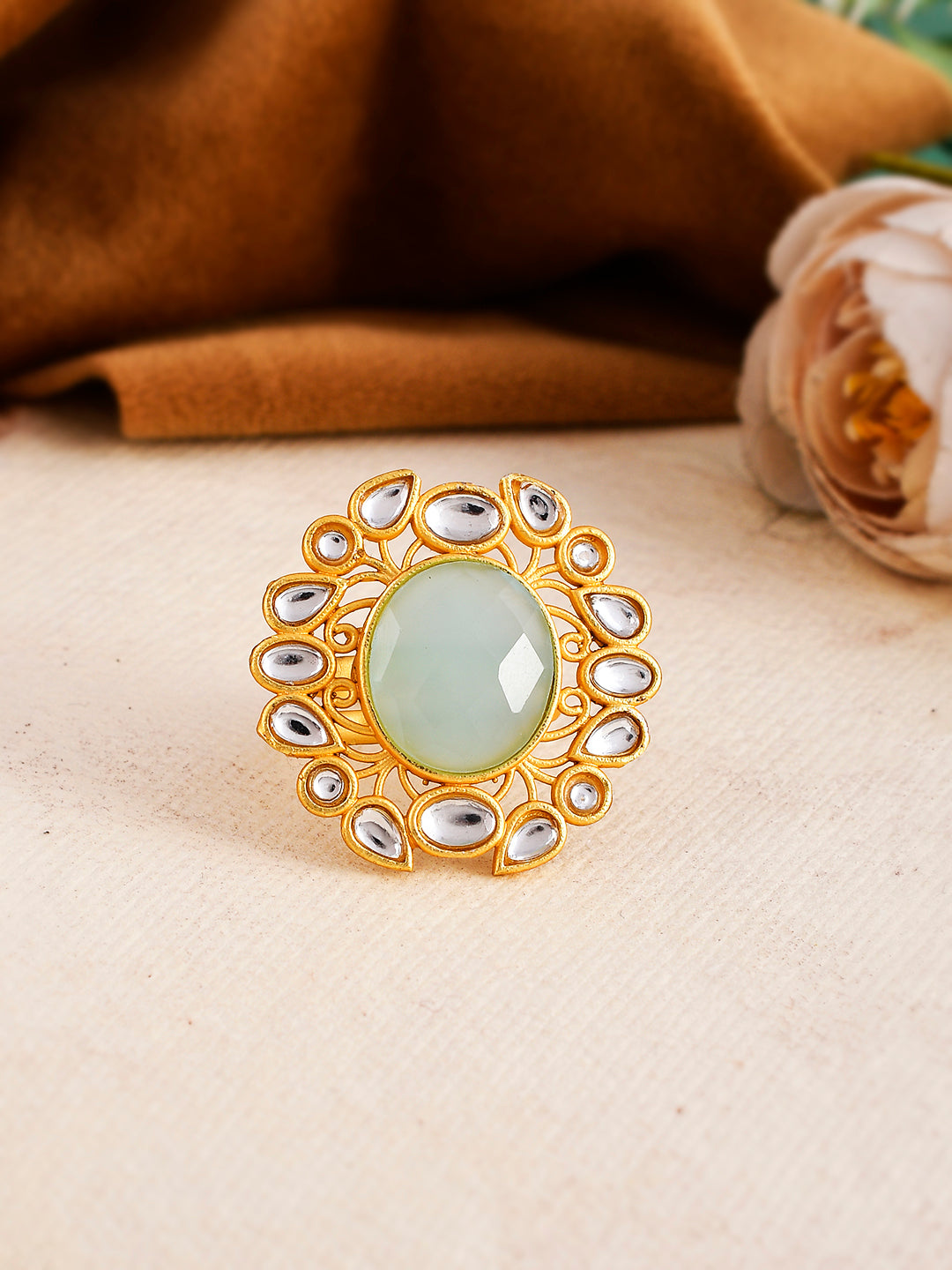 Floral Kundan Green Stone Ring