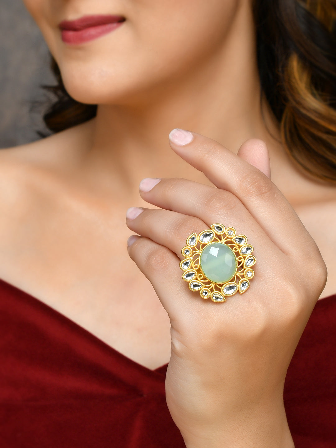 Floral Kundan Green Stone Ring
