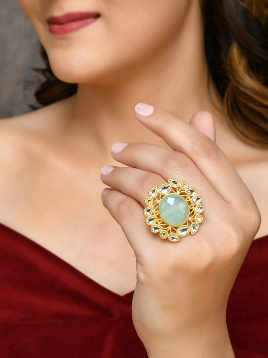 Floral Kundan Green Stone Ring