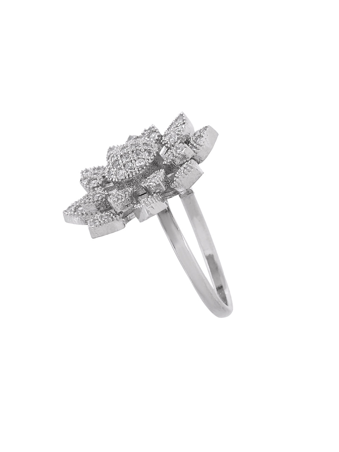Silver Plated American Diamond Flower Ring for Women | Adjustable Floral Statement Ring