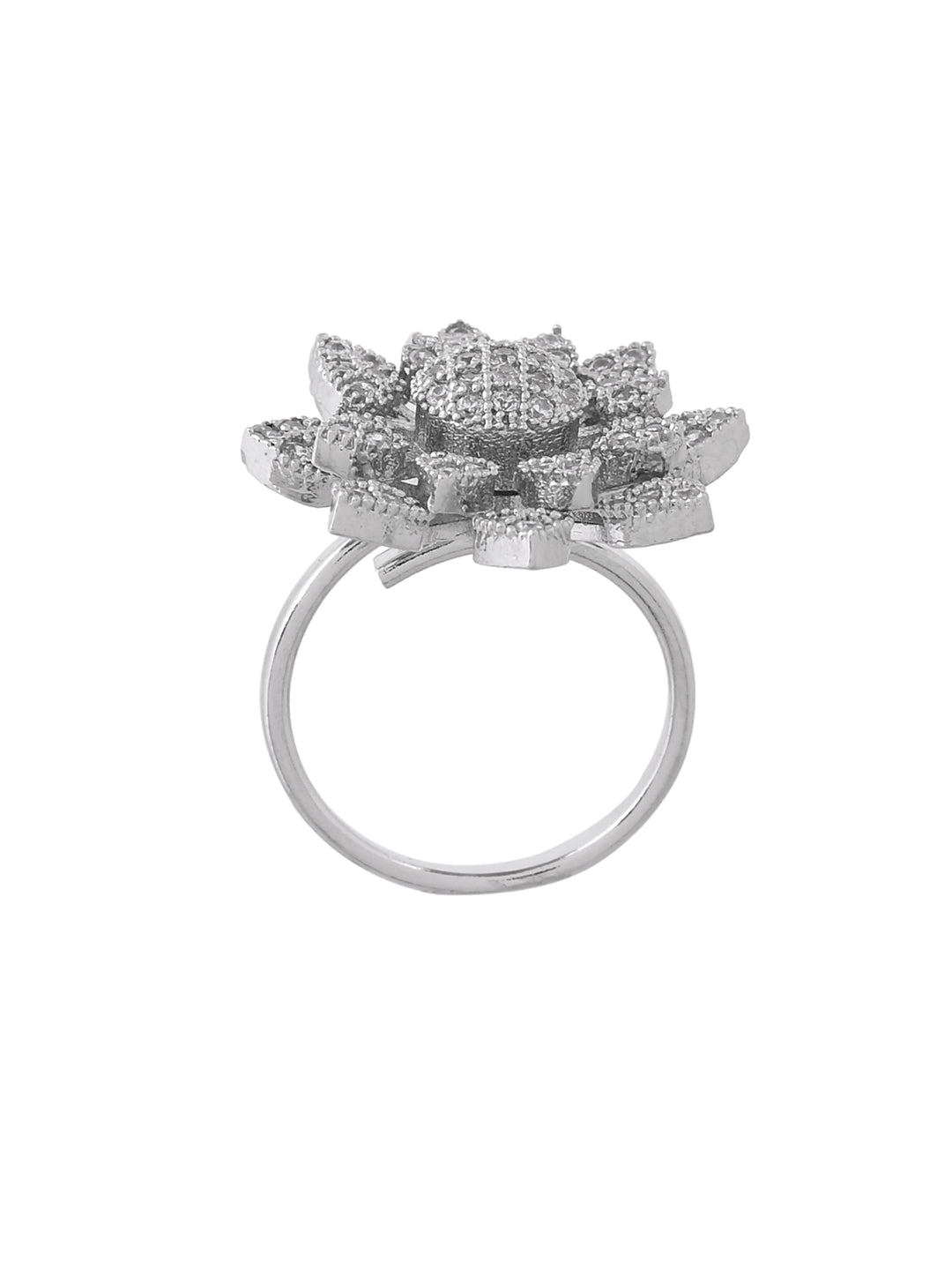 Silver Plated American Diamond Flower Ring for Women | Adjustable Floral Statement Ring