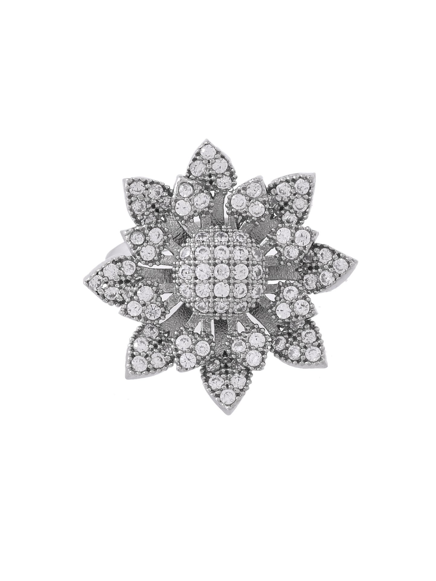 Silver Plated American Diamond Flower Ring for Women | Adjustable Floral Statement Ring