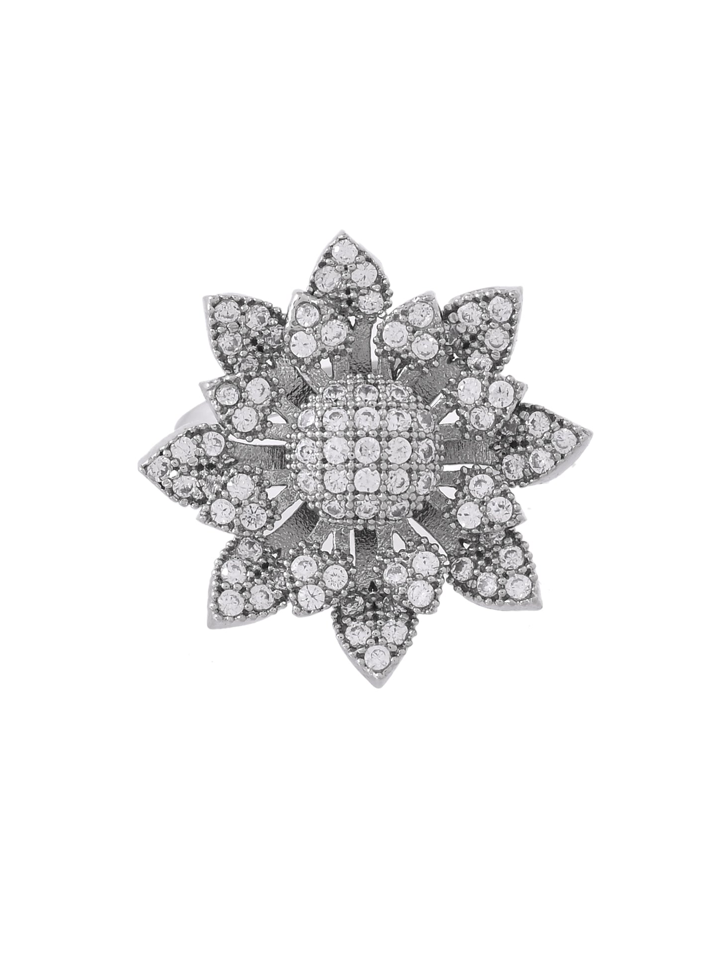 Silver Plated American Diamond Flower Ring for Women | Adjustable Floral Statement Ring