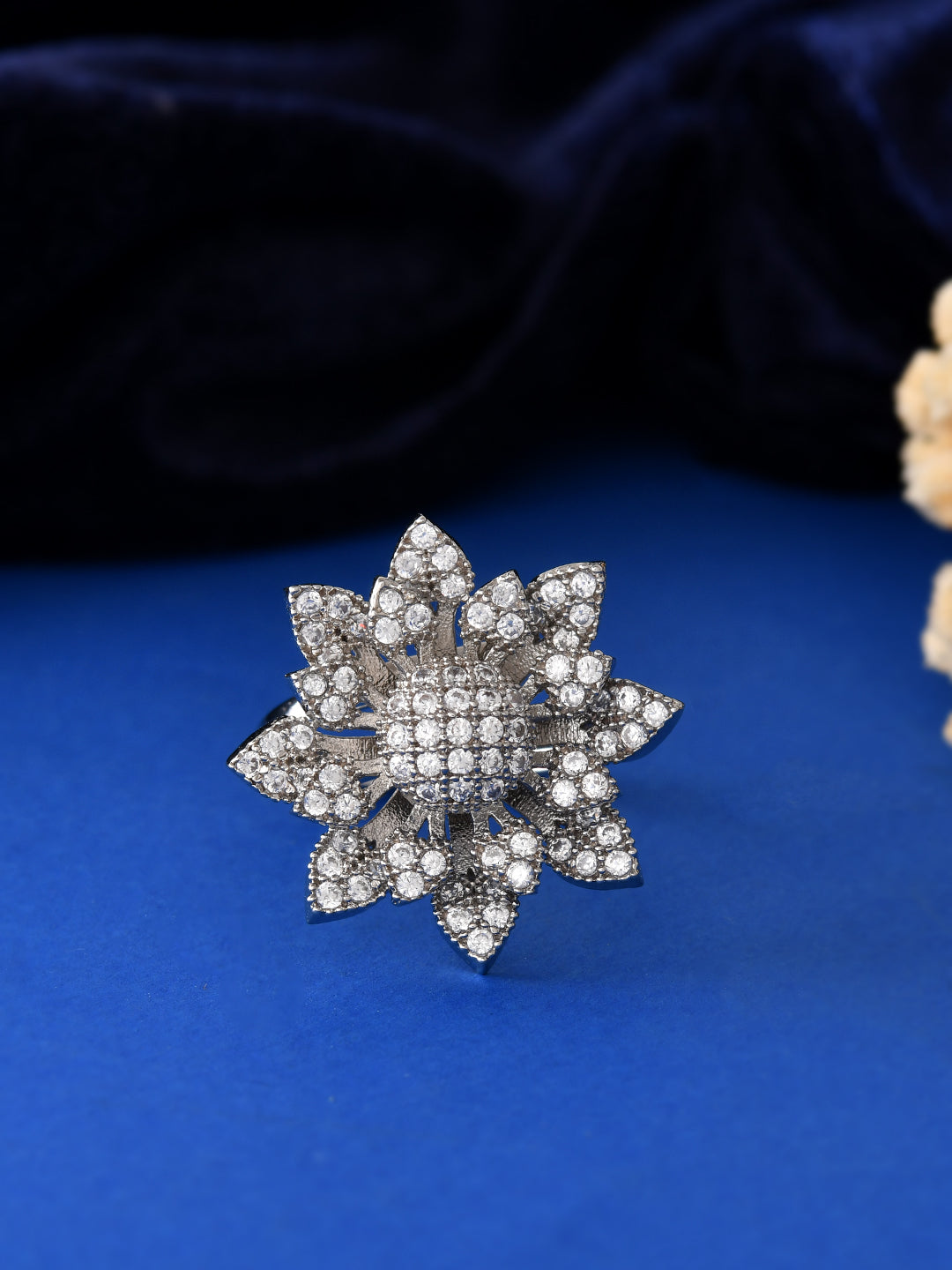 Silver Plated American Diamond Flower Ring for Women | Adjustable Floral Statement Ring