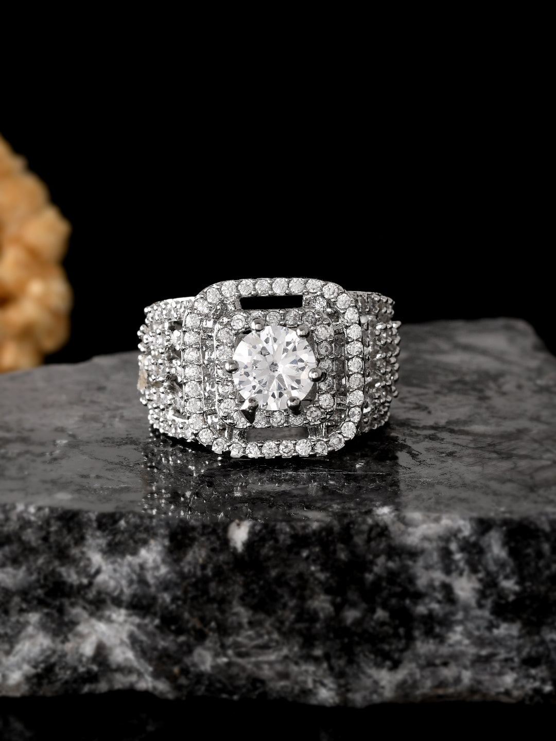 Silver Plated American Diamond Ring for Women | Solitaire Style AD Finger Ring