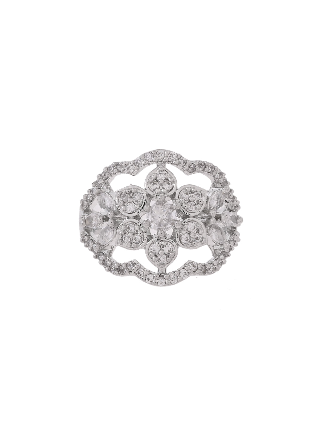 Floral American Diamond Ring for Women Silver Plated Adjustable Ring
