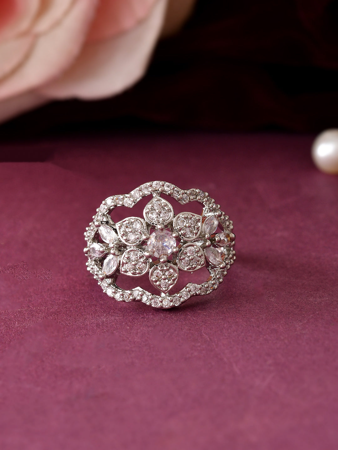 Floral American Diamond Ring for Women Silver Plated Adjustable Ring