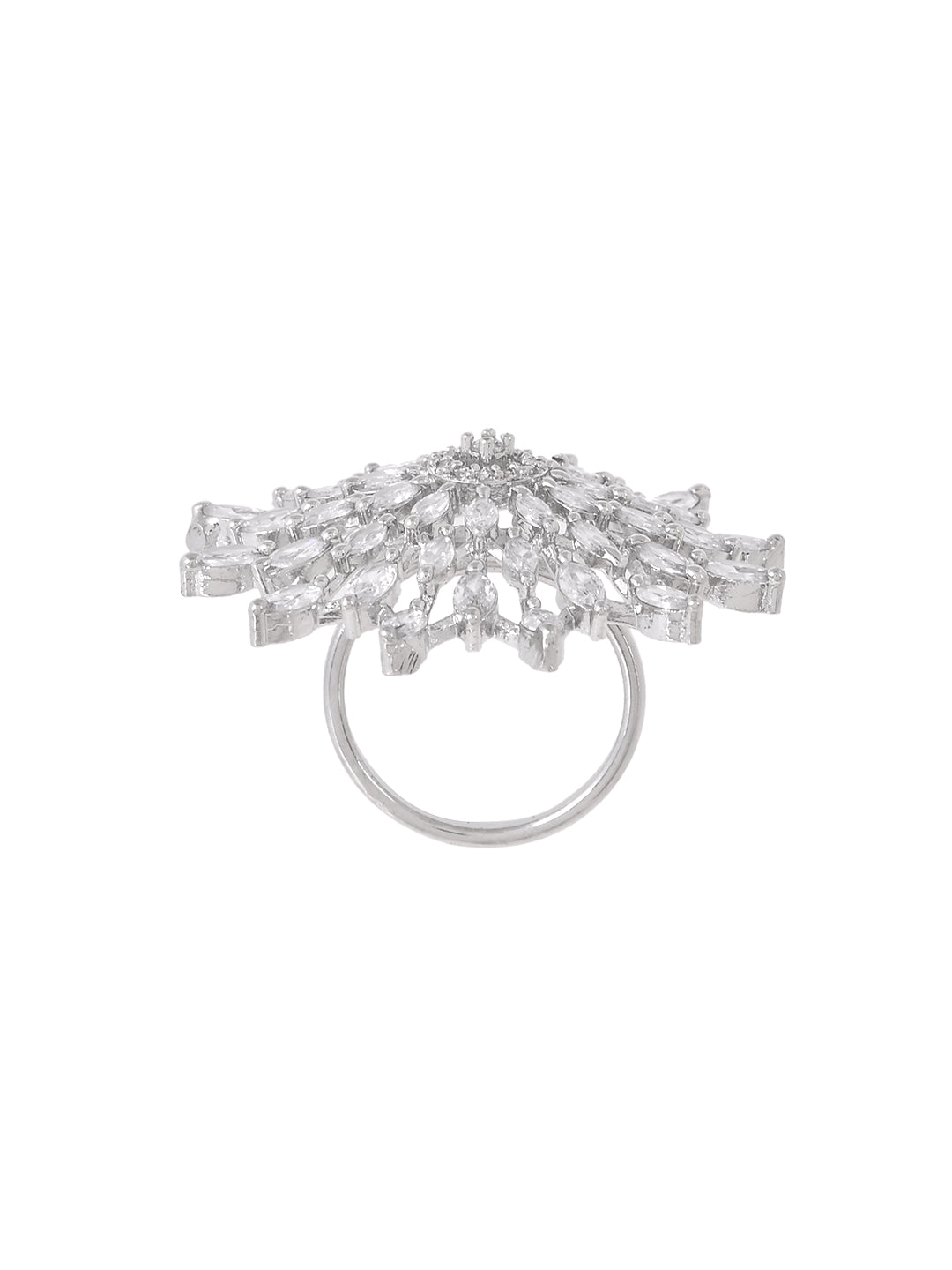 Silver Plated American Diamond Adjustable Ring for Women | Floral CZ Statement Ring