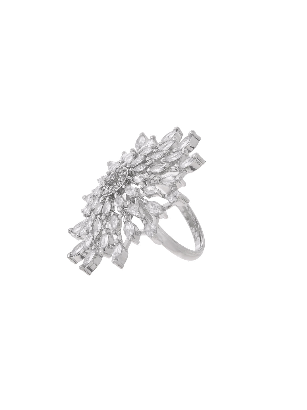 Silver Plated American Diamond Adjustable Ring for Women | Floral CZ Statement Ring