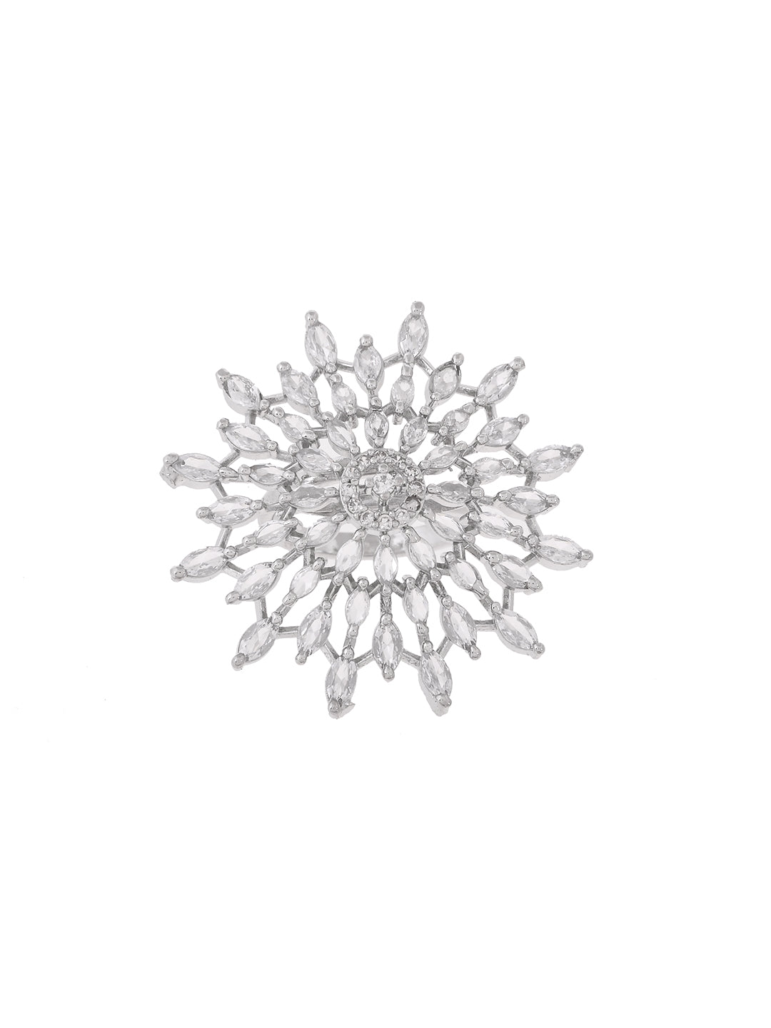 Silver Plated American Diamond Adjustable Ring for Women | Floral CZ Statement Ring