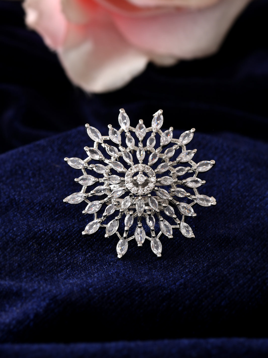 Silver Plated American Diamond Adjustable Ring for Women | Floral CZ Statement Ring