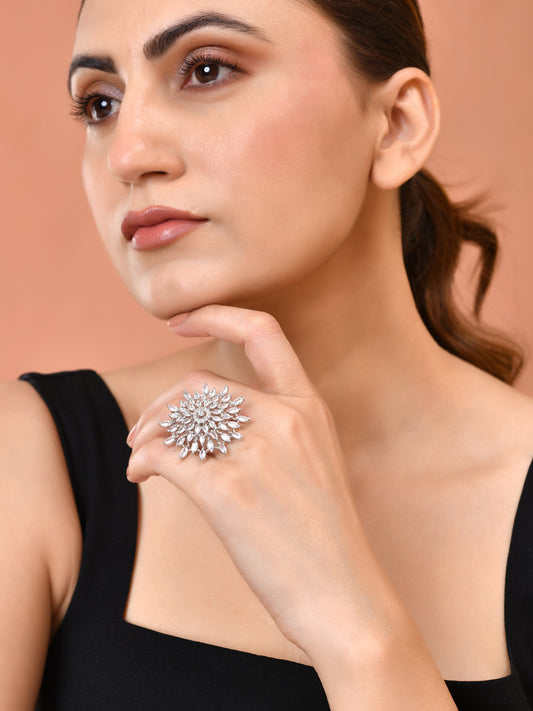 Silver Plated American Diamond Adjustable Ring for Women | Floral CZ Statement Ring