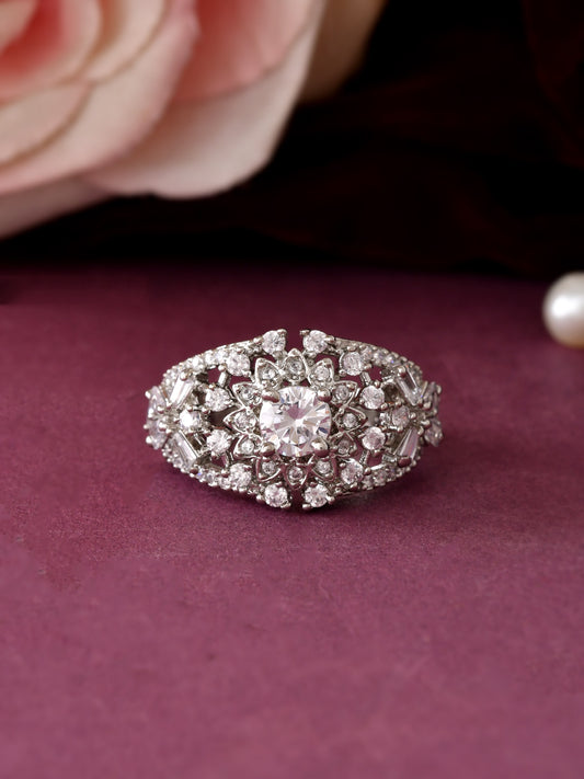 American Diamond Floral Party Wear Ring for Women | Adjustable Statement Ring