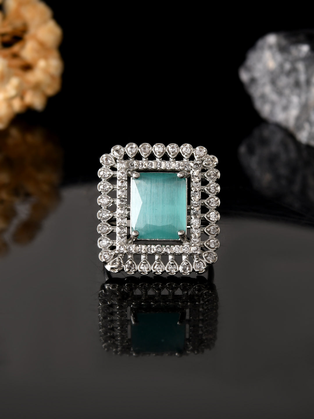 Silver Plated American Diamond Cocktail Ring for Women | Adjustable Statement Ring