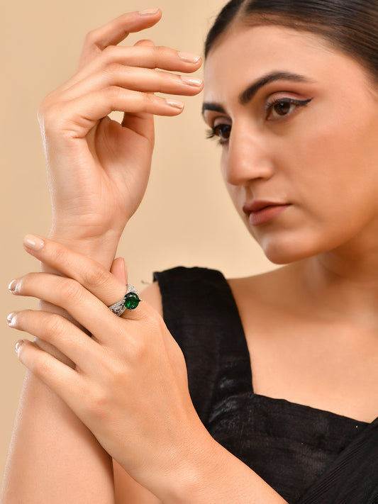 Silver Plated Green Amercian Diamond Adjustable Ring For Women