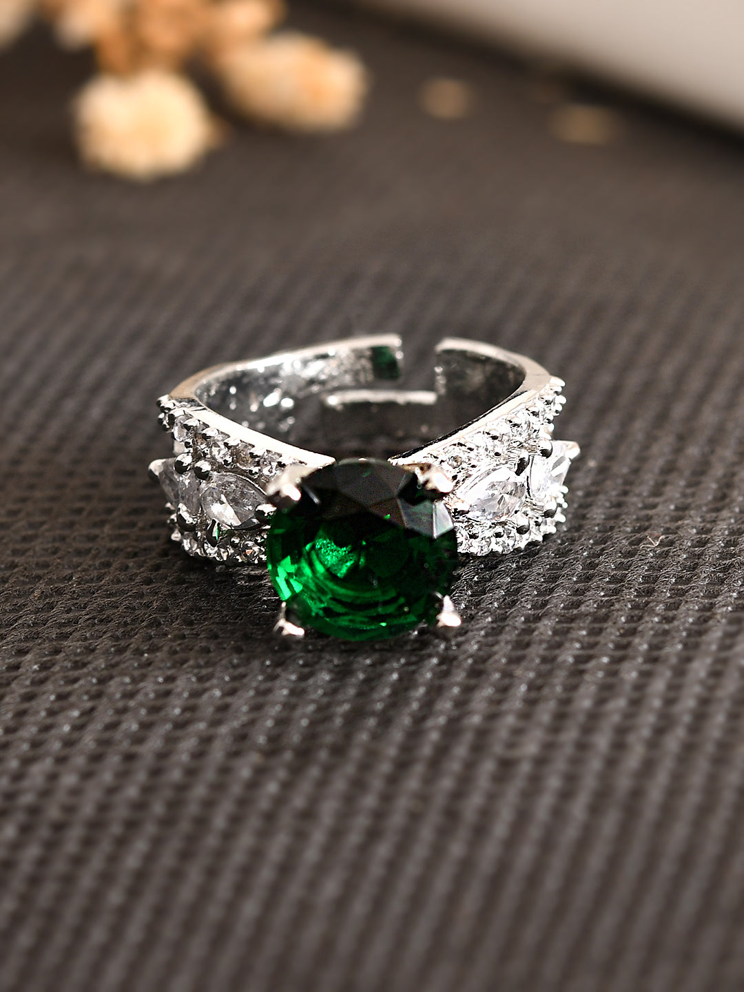 Silver Plated Green Amercian Diamond Adjustable Ring For Women