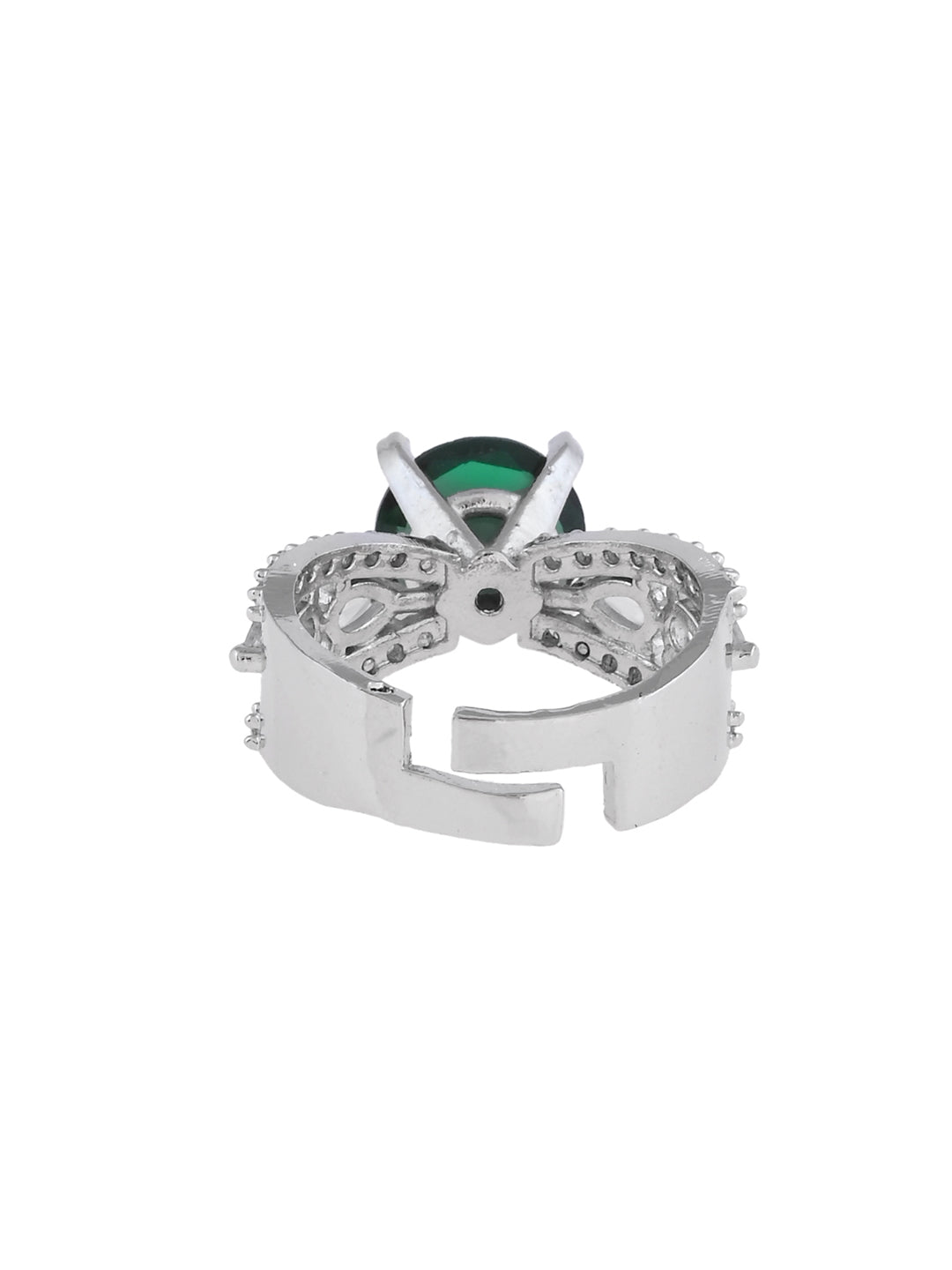Silver Plated Green Amercian Diamond Adjustable Ring For Women