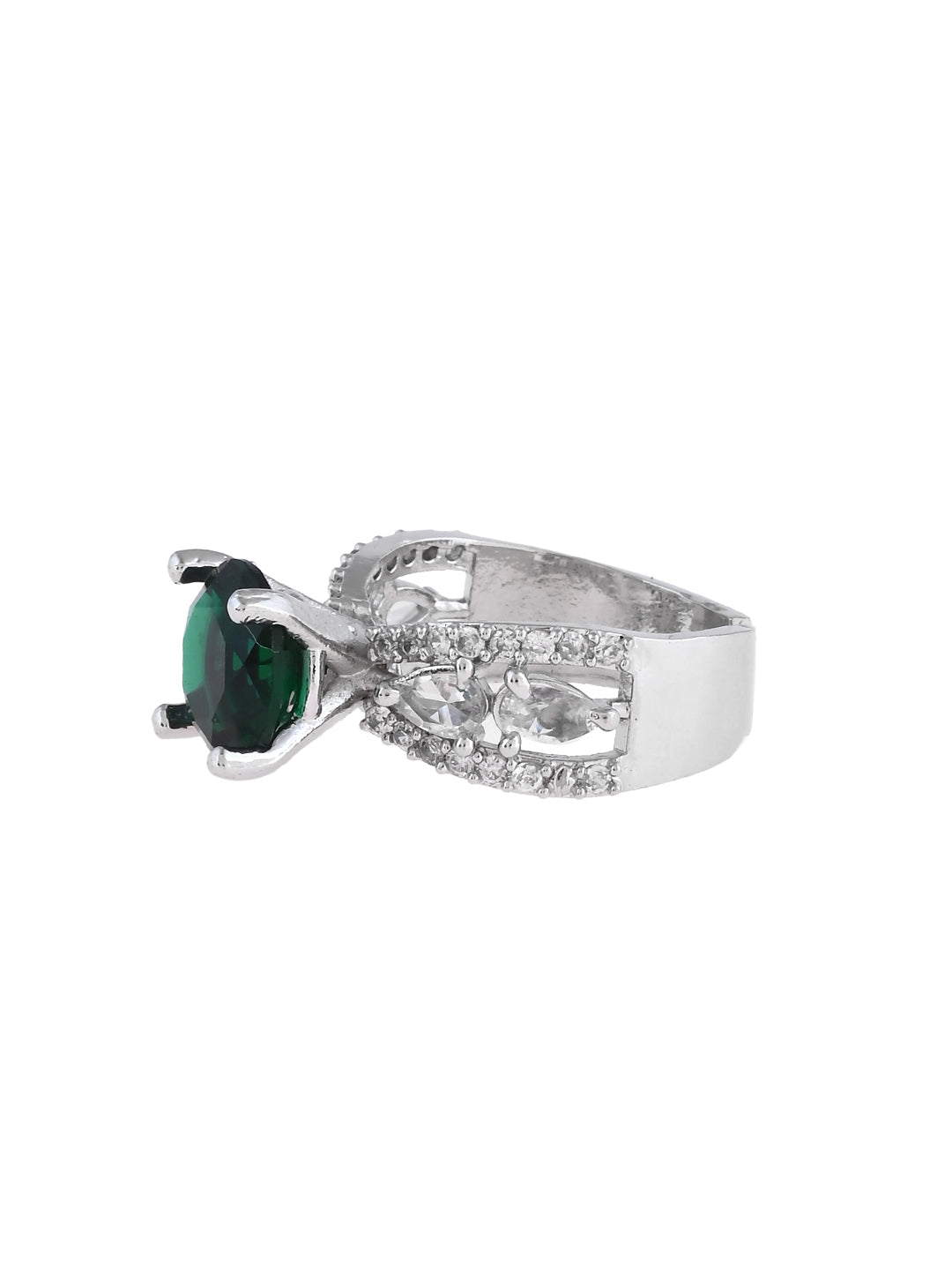 Silver Plated Green Amercian Diamond Adjustable Ring For Women