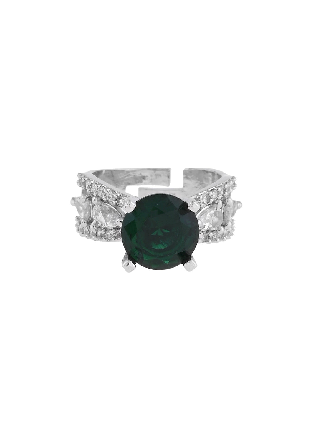 Silver Plated Green Amercian Diamond Adjustable Ring For Women