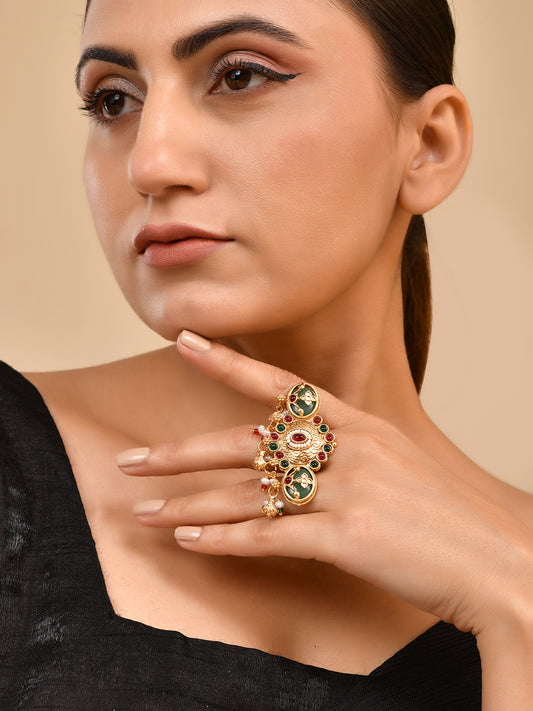 Traditional Gold Finish Temple Style Adjustable Ring For Women