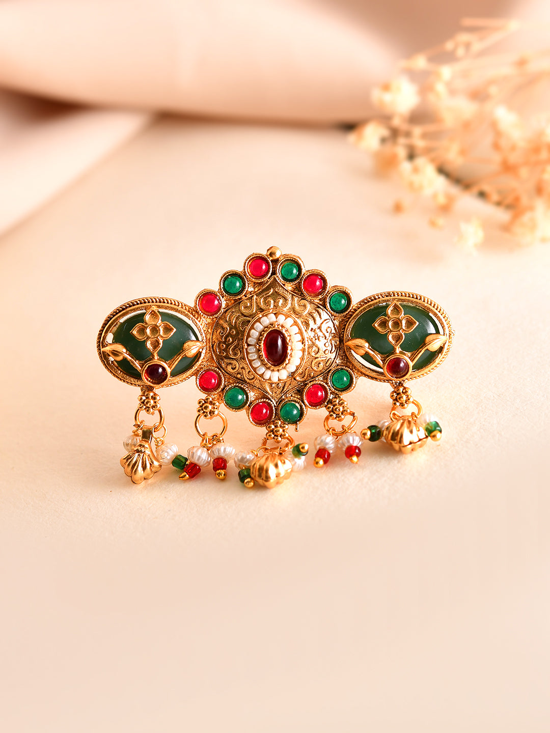 Traditional Gold Finish Temple Style Adjustable Ring For Women
