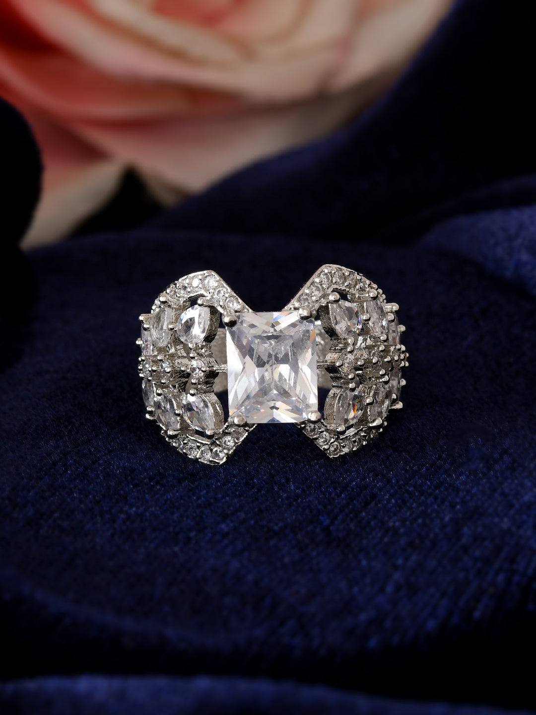 American Diamond Adjustable Ring for Women | Princess Cut CZ Statement Ring