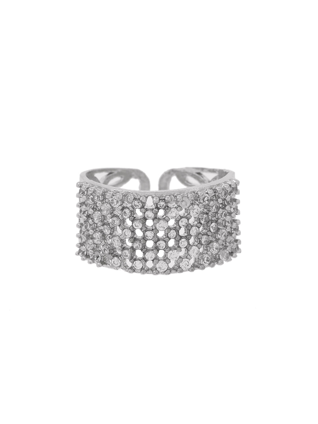 Silver Plated American Diamond Adjustable Ring for Women | Wide Band CZ Ring
