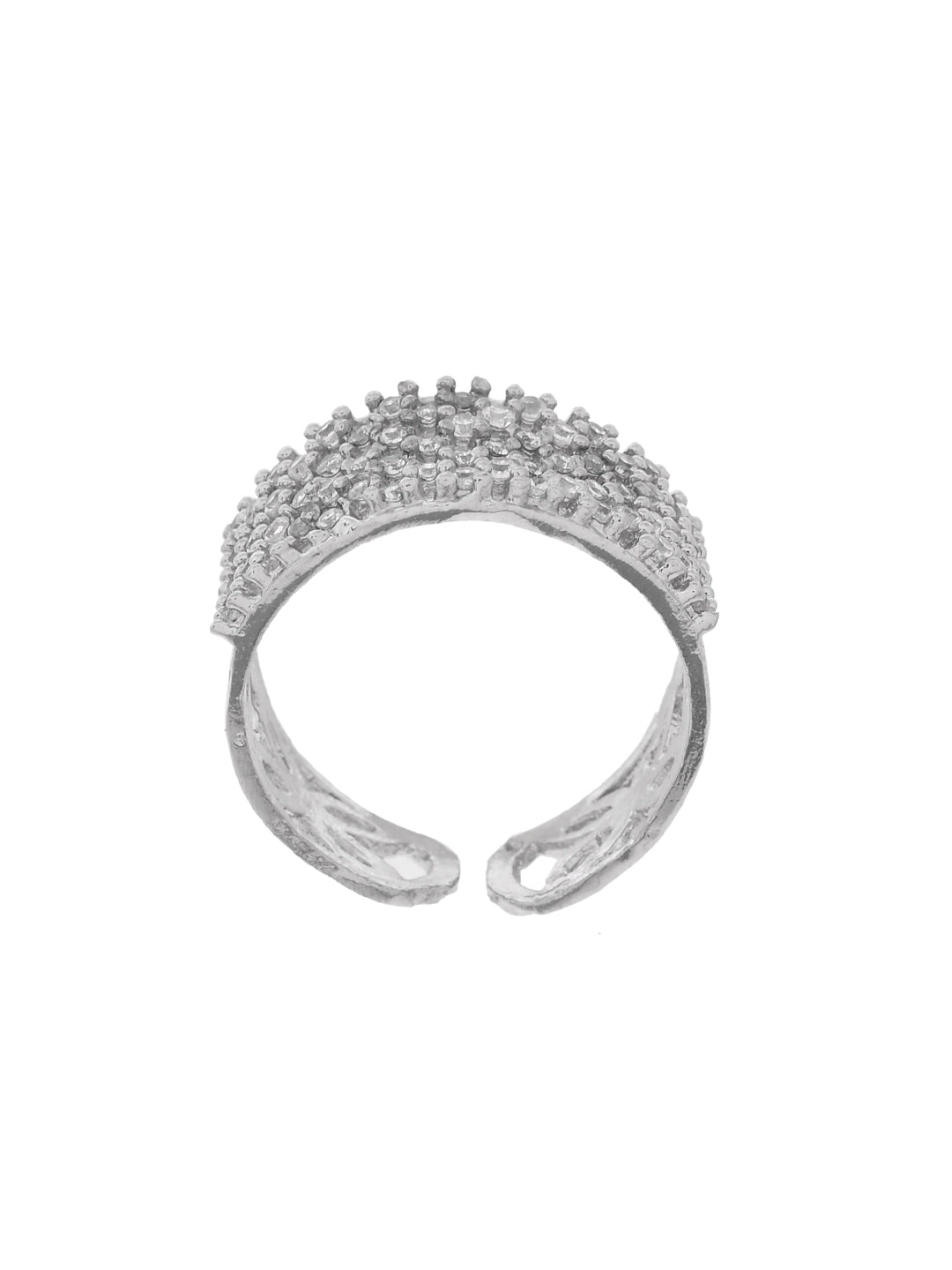 Silver Plated American Diamond Adjustable Ring for Women | Wide Band CZ Ring