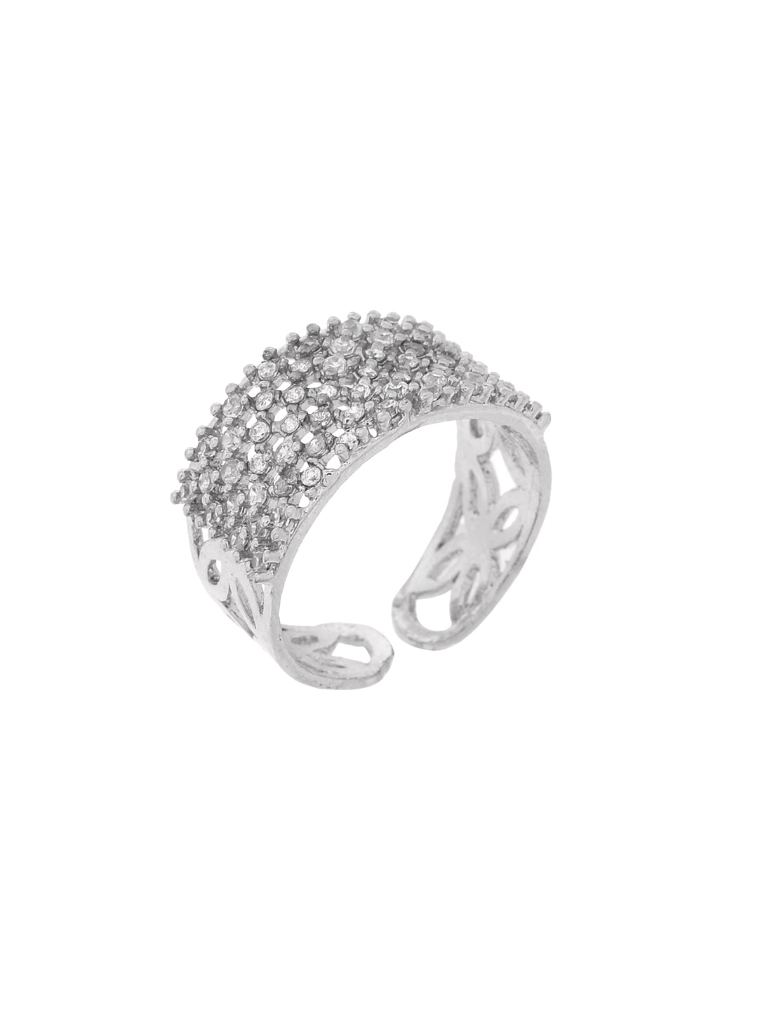 Silver Plated American Diamond Adjustable Ring for Women | Wide Band CZ Ring