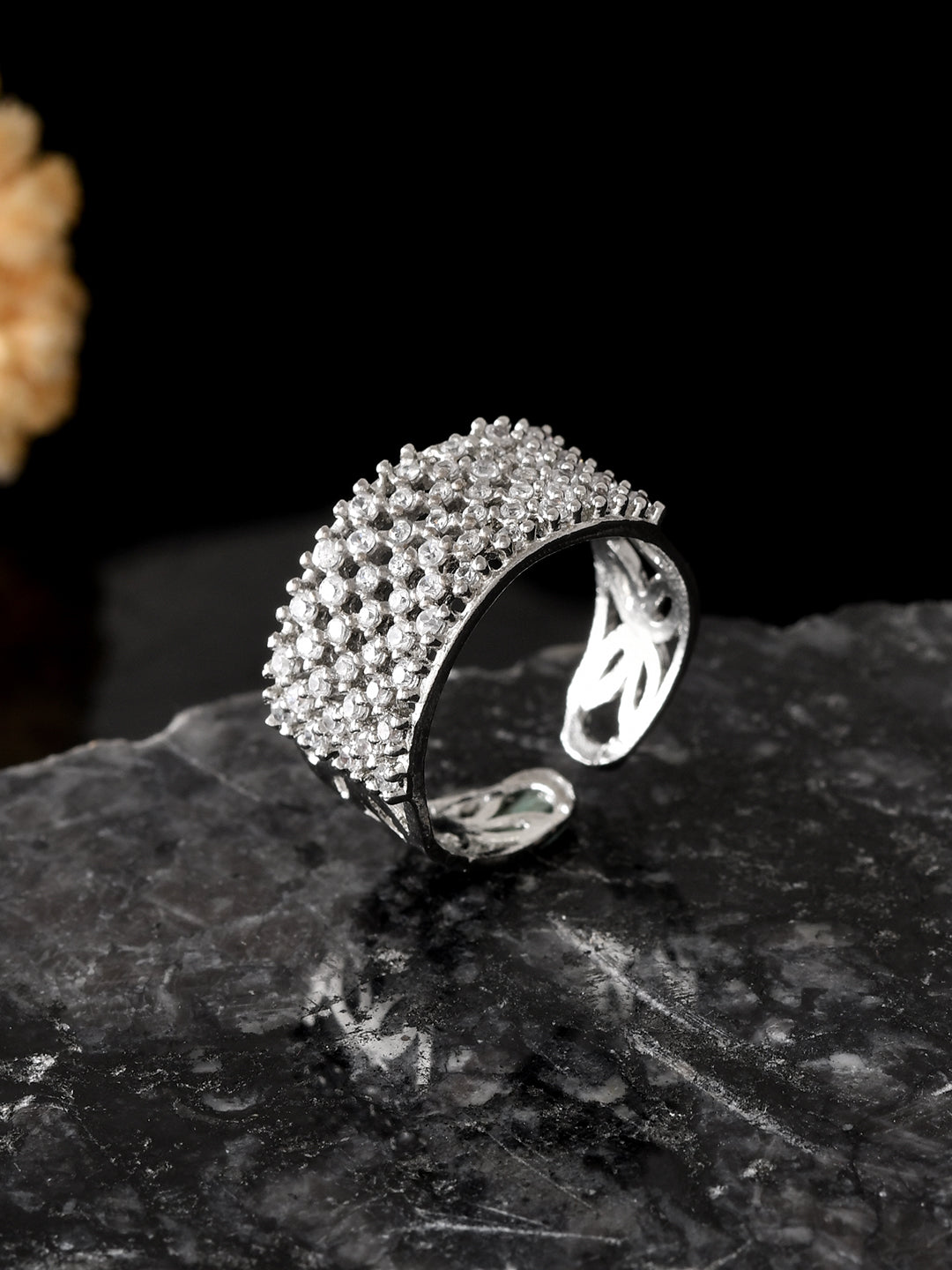 Silver Plated American Diamond Adjustable Ring for Women | Wide Band CZ Ring