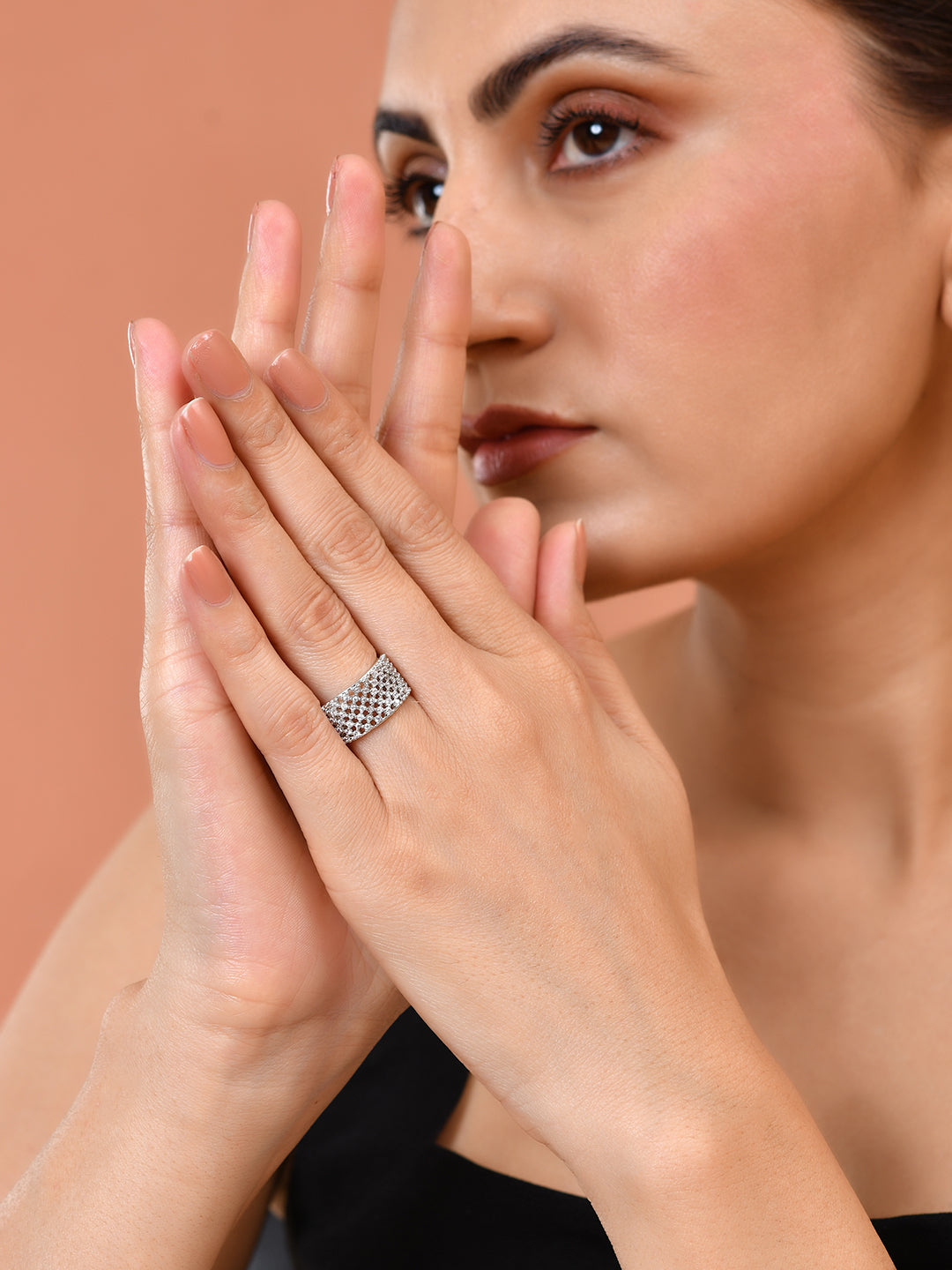 Silver Plated American Diamond Adjustable Ring for Women | Wide Band CZ Ring