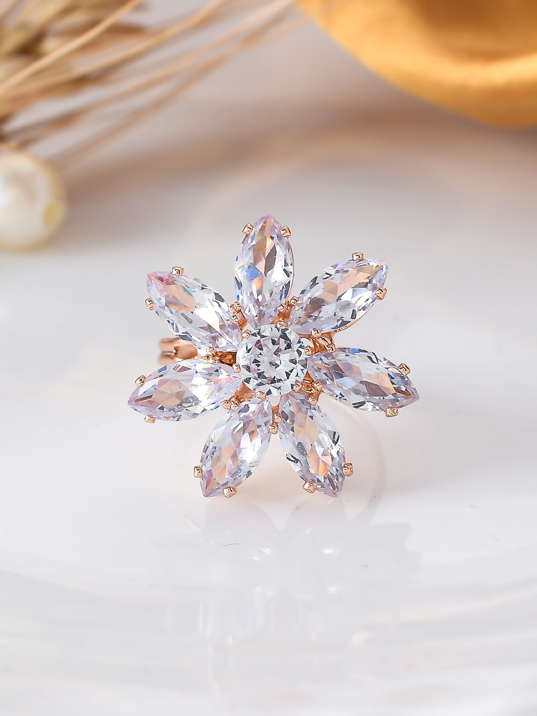 American Diamond-Studded Floral Ring.
