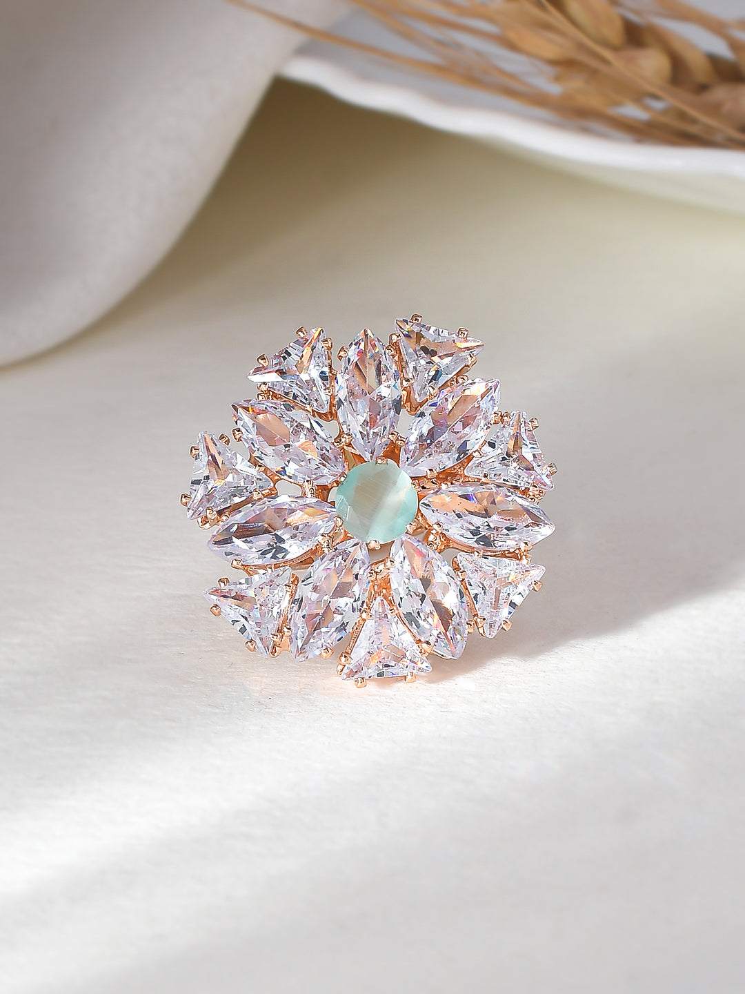 Rose Gold-Plated AD-Studded Handcrafted Adjustable Floral Ring