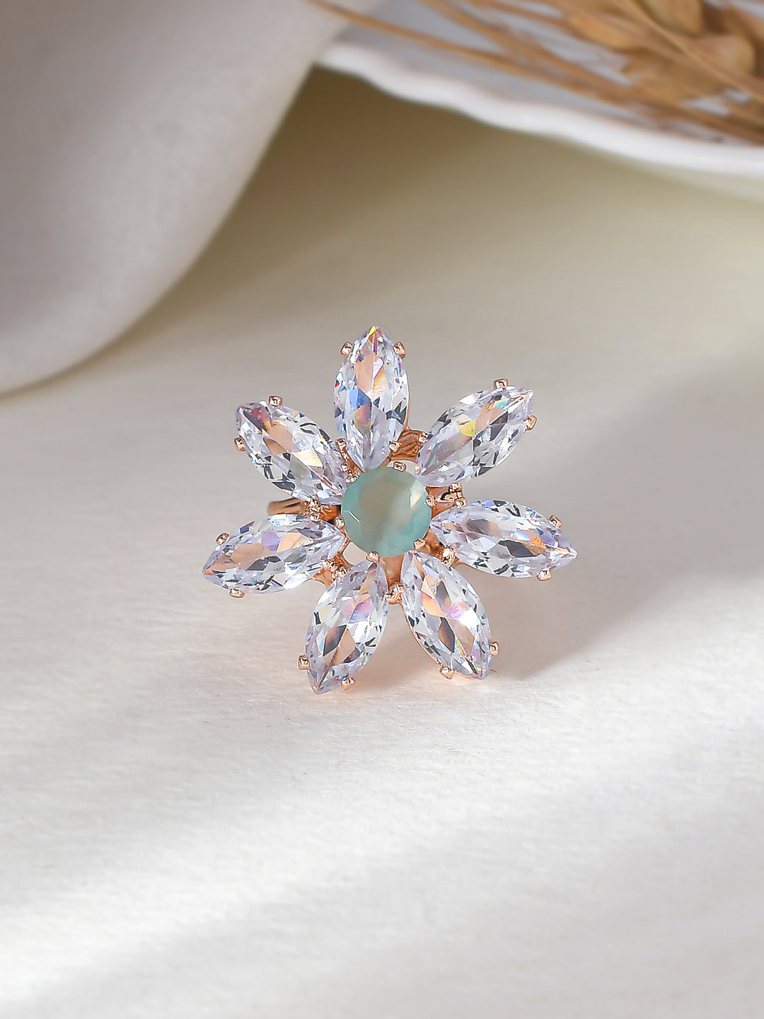 Mint Green American Diamond Flower Design Ring