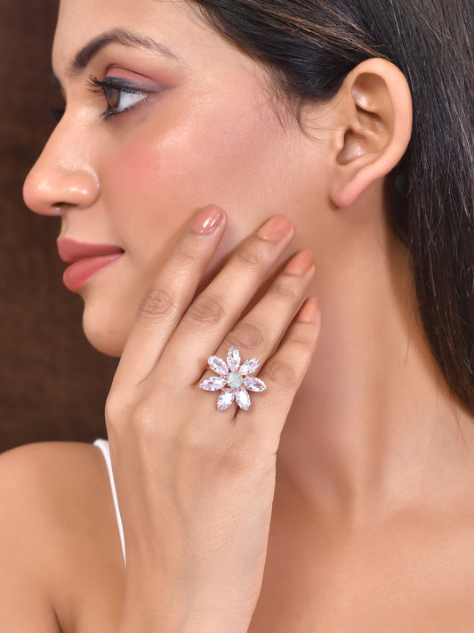 Mint Green American Diamond Flower Design Ring