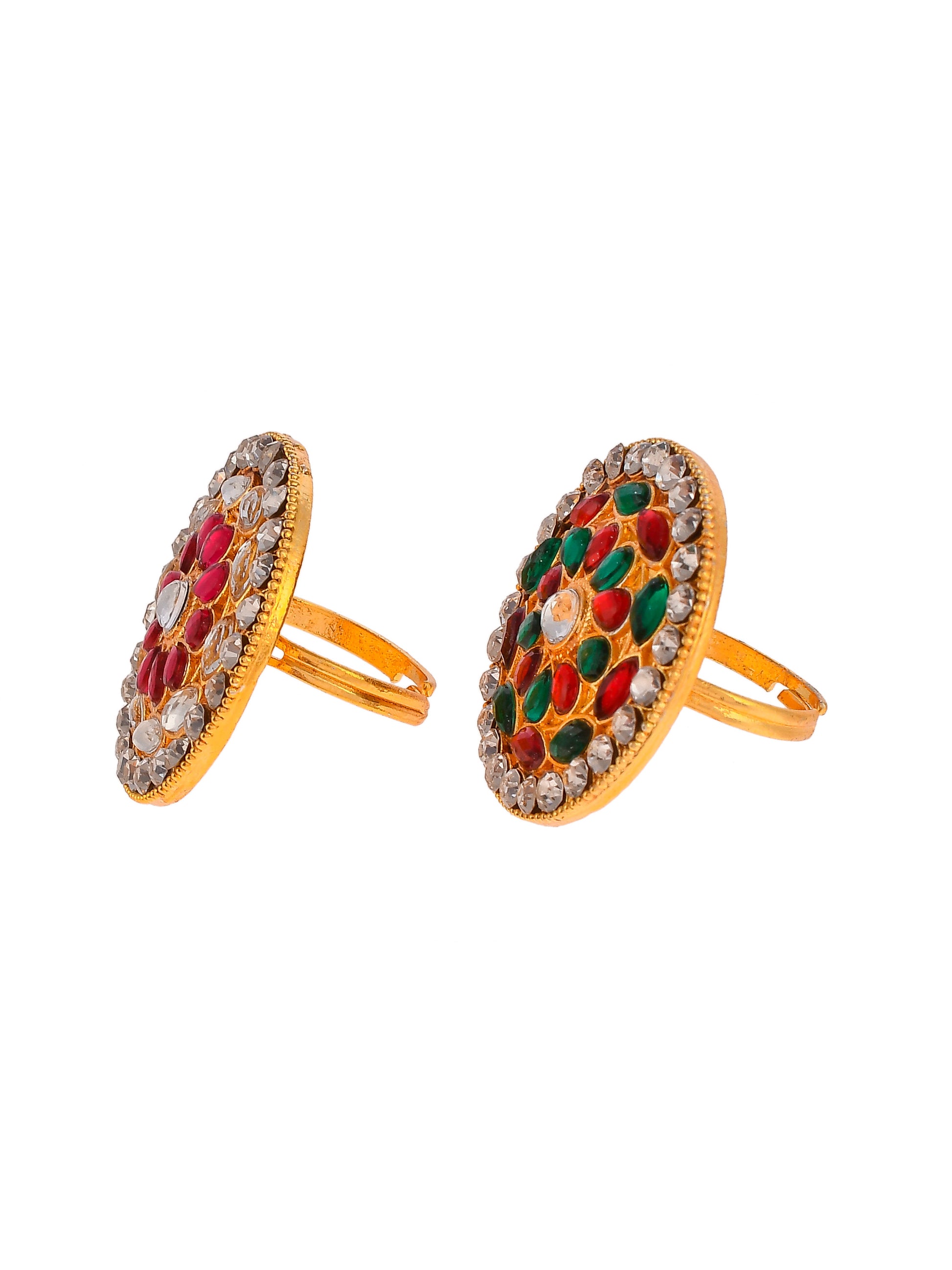 Set of 2 Gold Plated Kundan Handcrafted Meenakari Adjustable Engagement Finger Ring