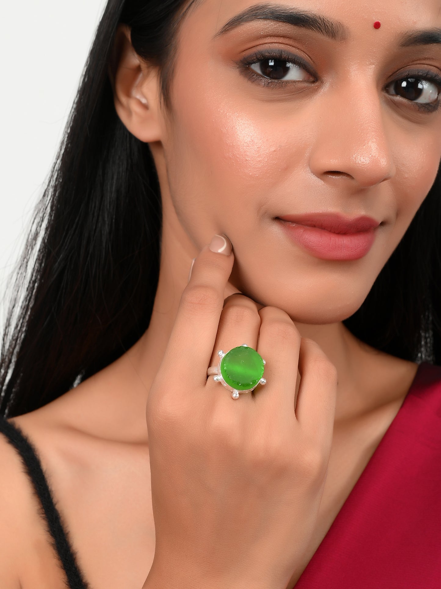 Silver Plated Green Stone Adjustable Western Finger Ring for Women
